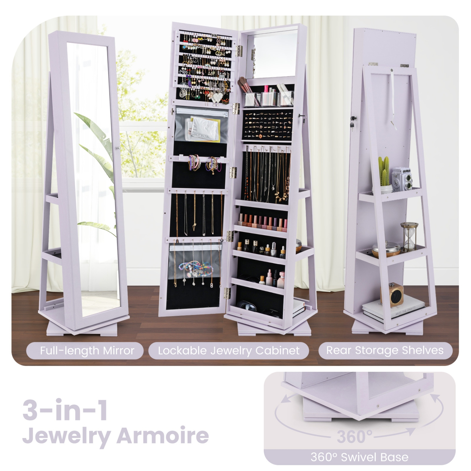 Armoire à bijoux 2-en-1 verrouillable avec rotation à 360° et miroir pleine longueur