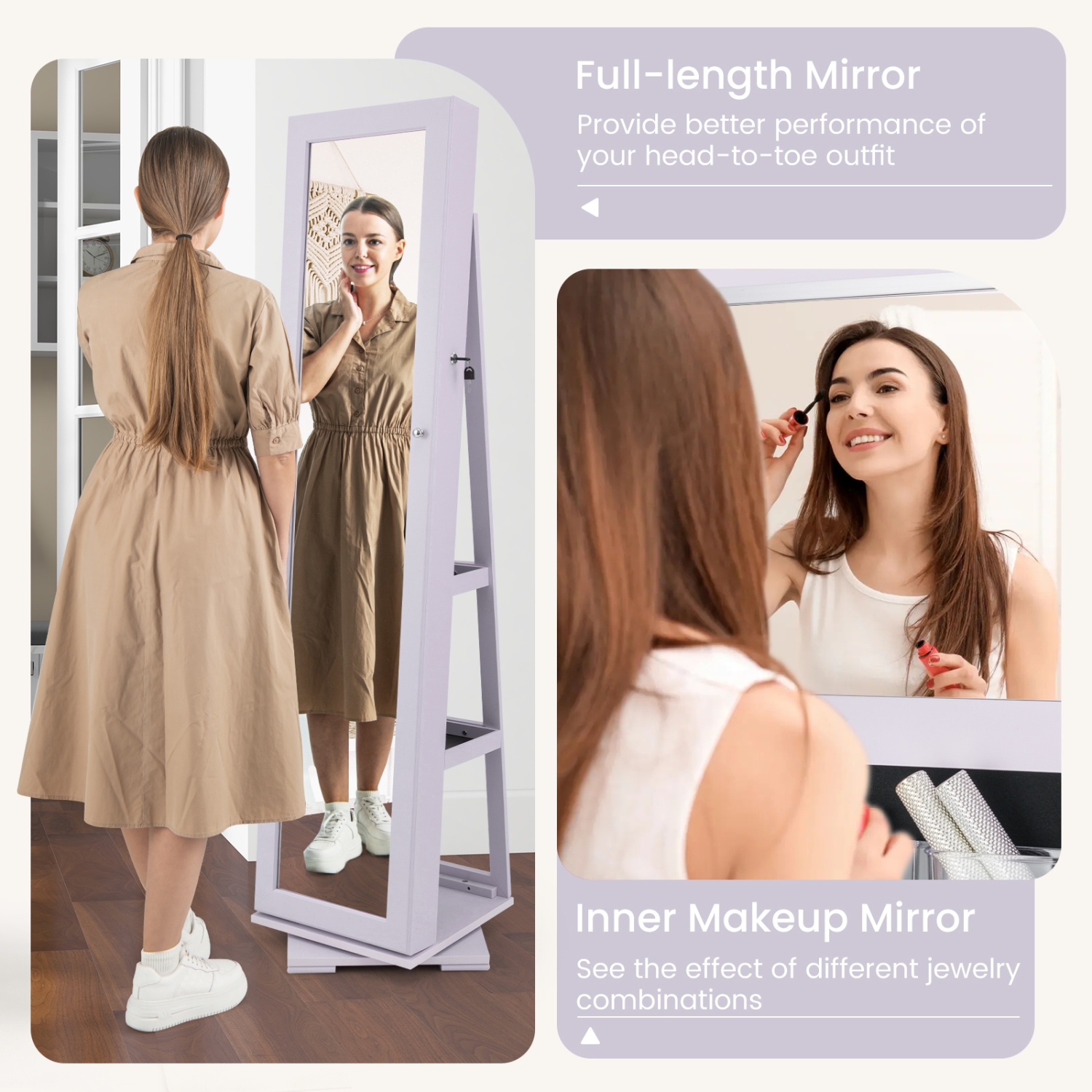 Armoire à bijoux 2-en-1 verrouillable avec rotation à 360° et miroir pleine longueur