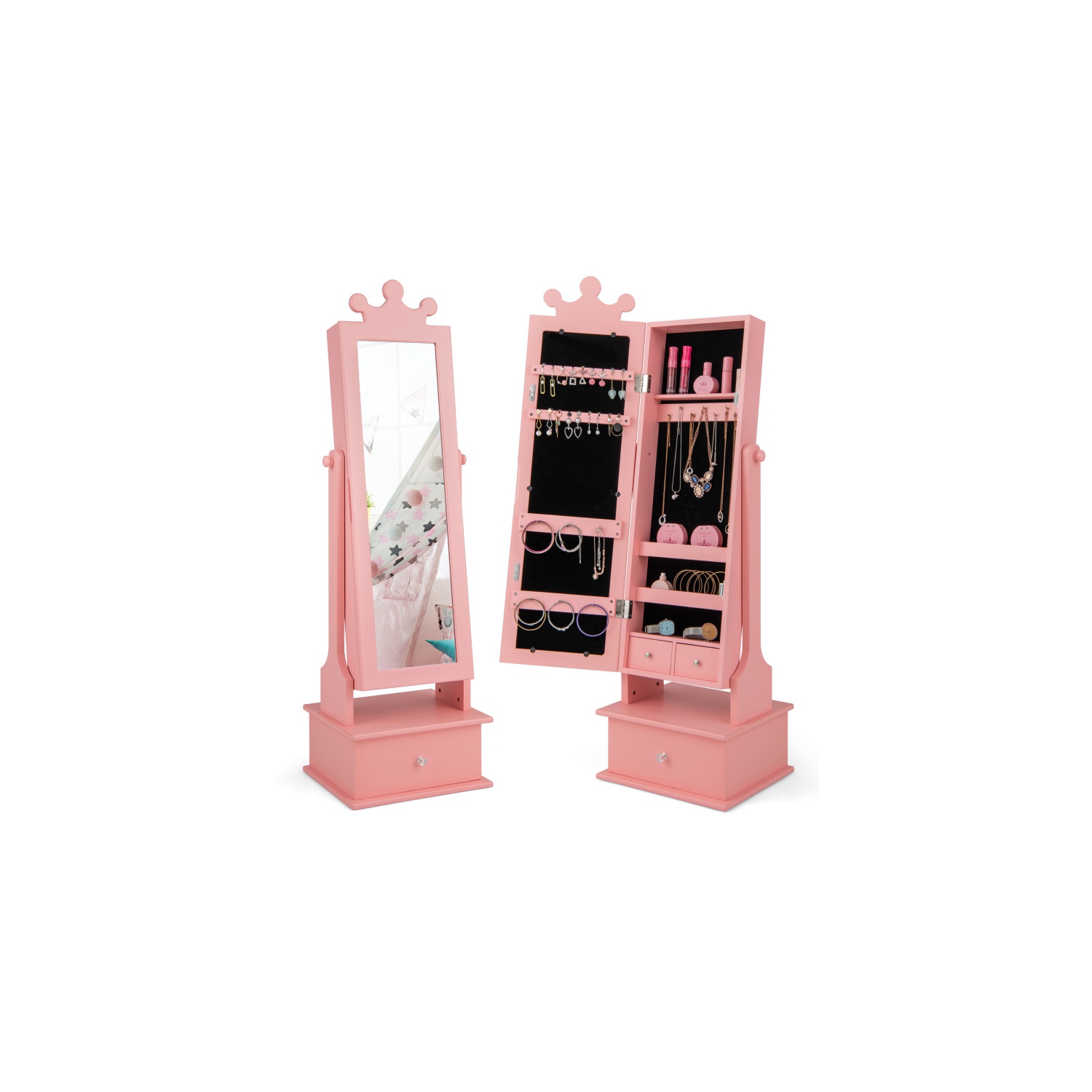 2-in-1 Kids Jewelry Organizer with Full-Length Mirror and Drawers