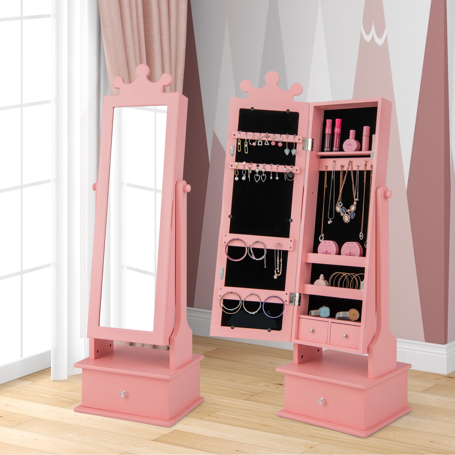 2-in-1 Kids Jewelry Organizer with Full-Length Mirror and Drawers