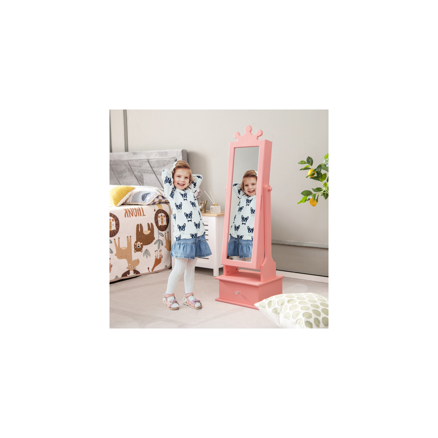 2-in-1 Kids Jewelry Organizer with Full-Length Mirror and Drawers