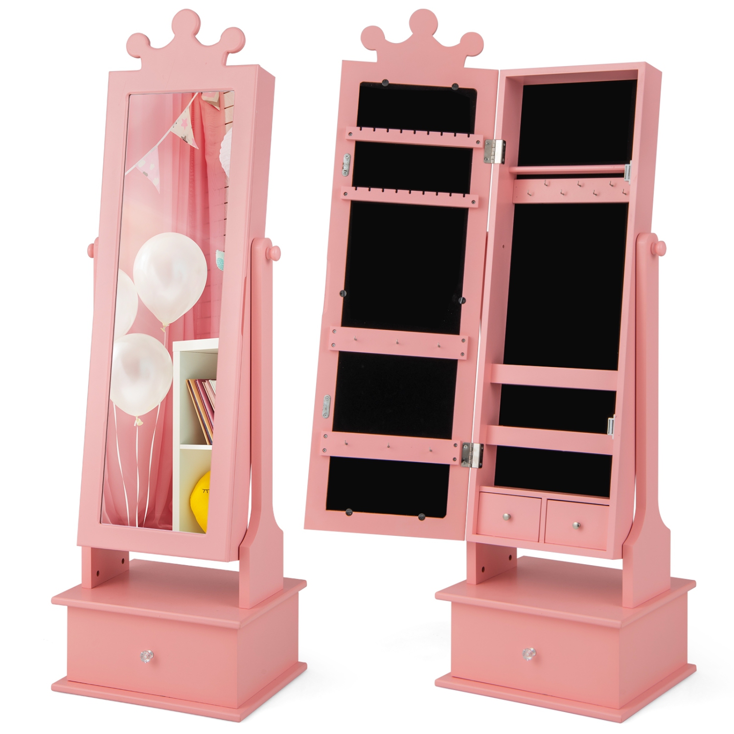 2-in-1 Kids Jewelry Organizer with Full-Length Mirror and Drawers