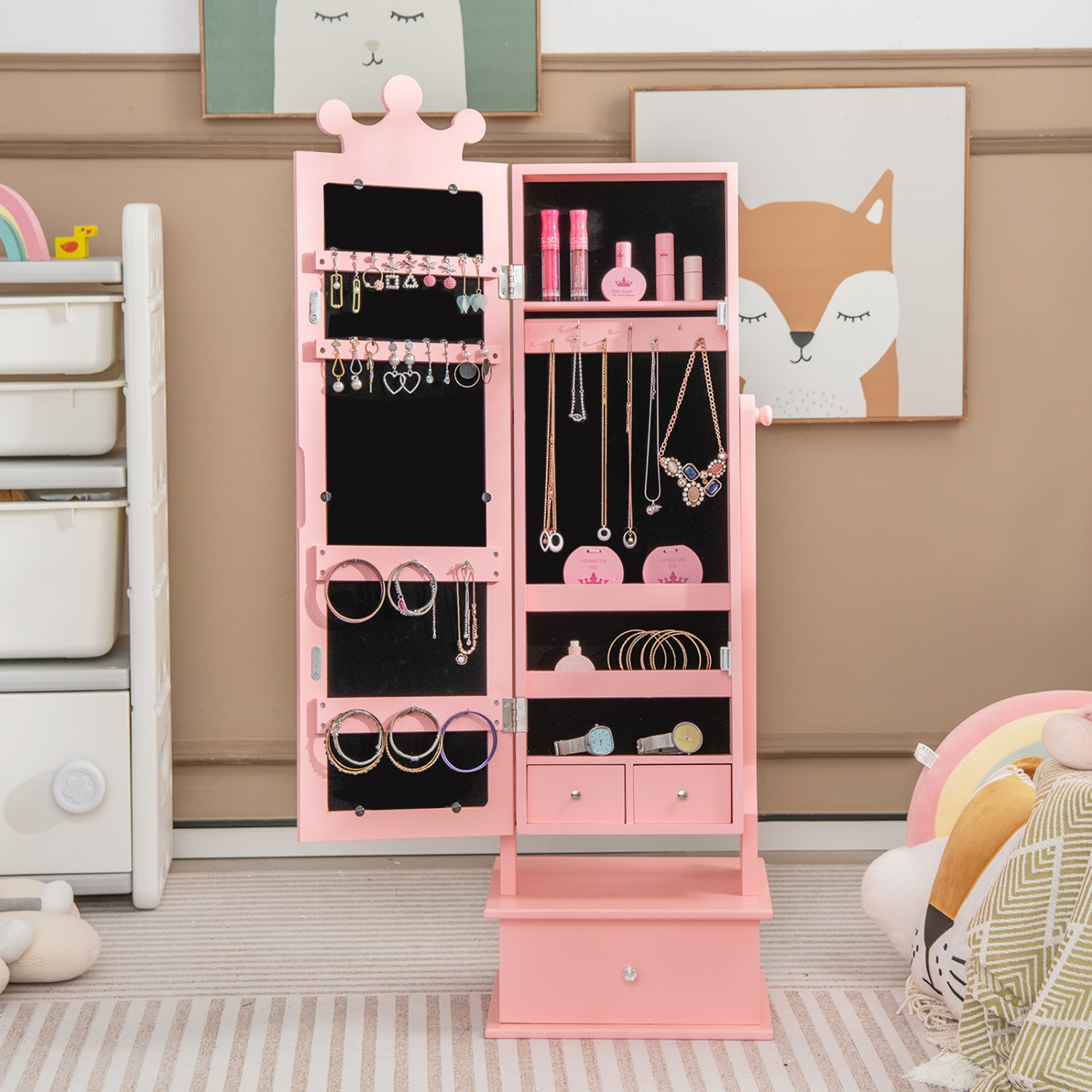 2-in-1 Kids Jewelry Organizer with Full-Length Mirror and Drawers