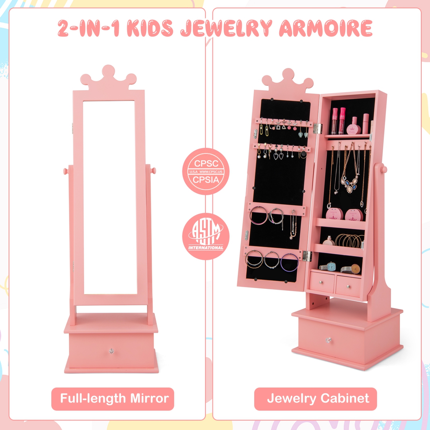 2-in-1 Kids Jewelry Organizer with Full-Length Mirror and Drawers