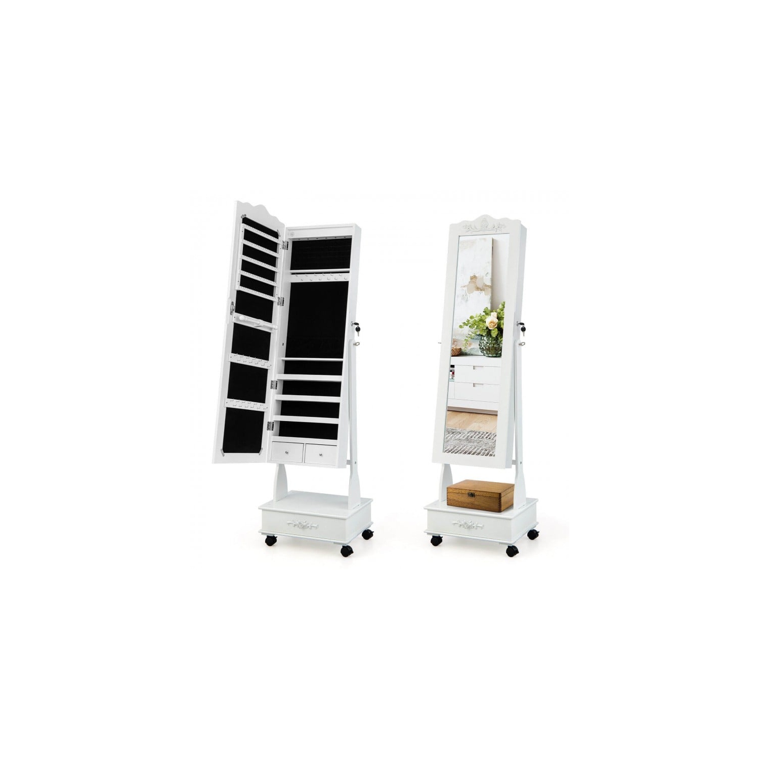 Armoire à bijoux à roulettes avec miroir, serrure et tiroirs