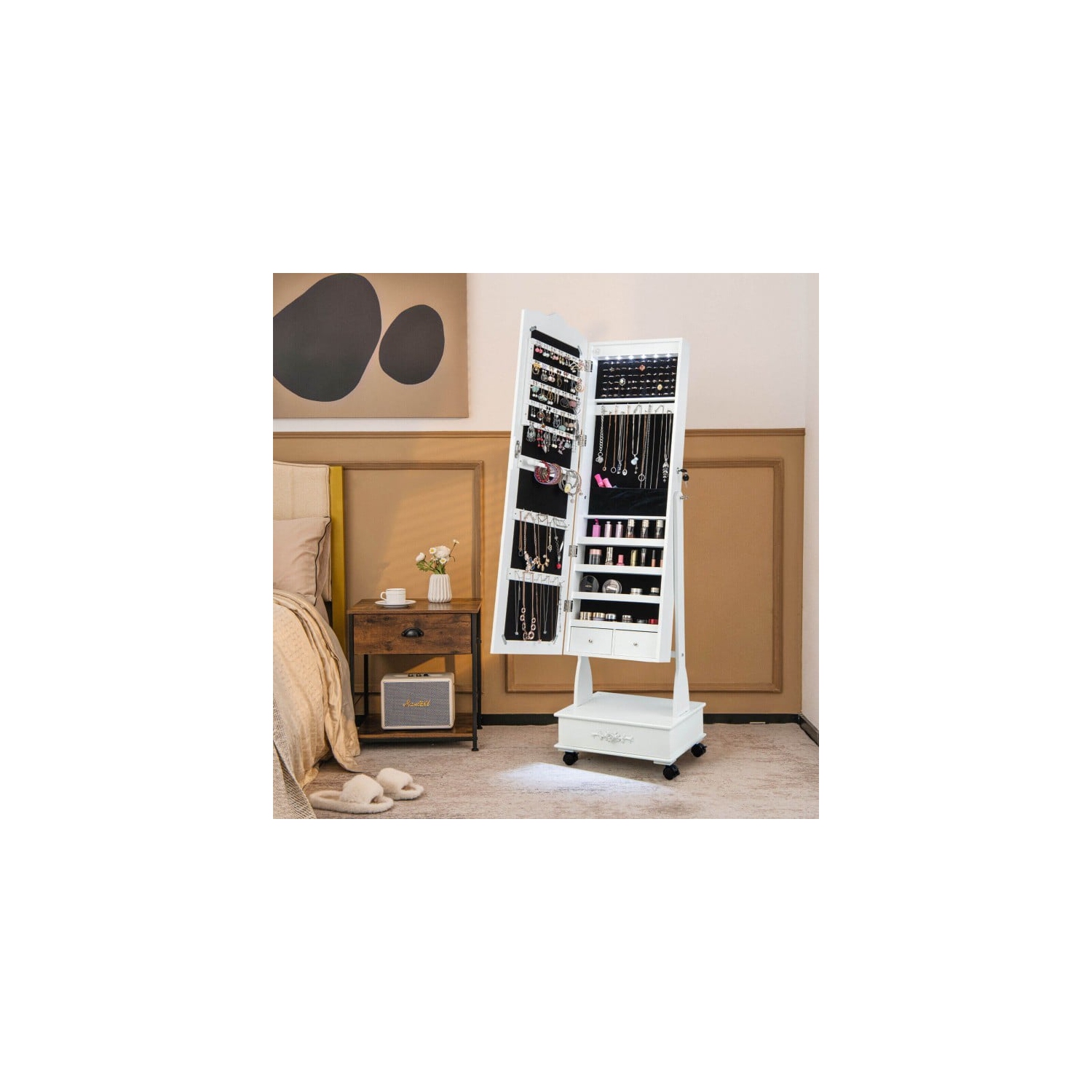 Armoire à bijoux à roulettes avec miroir, serrure et tiroirs