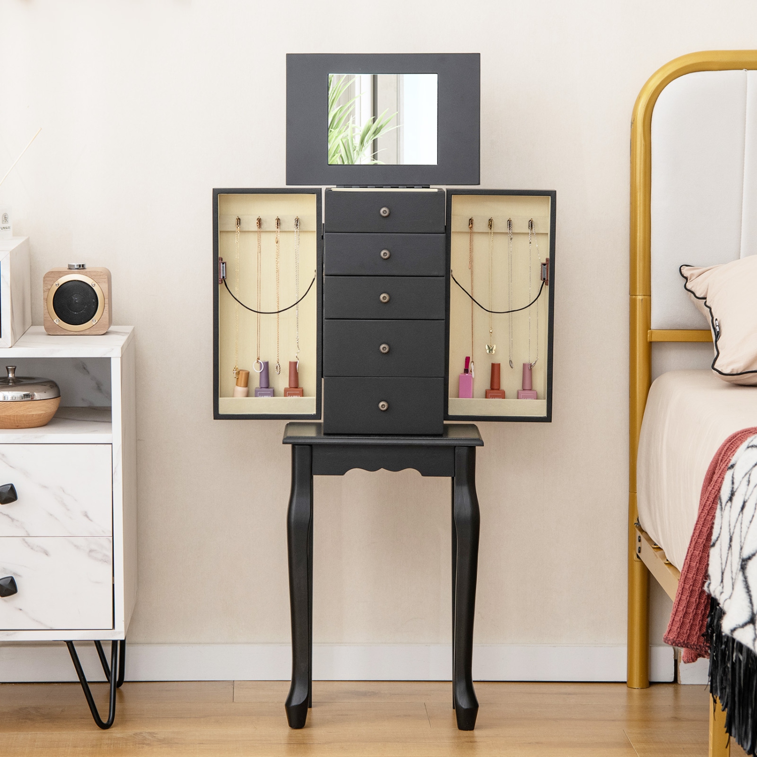 Armoire à bijoux debout avec miroir en 2 couleurs