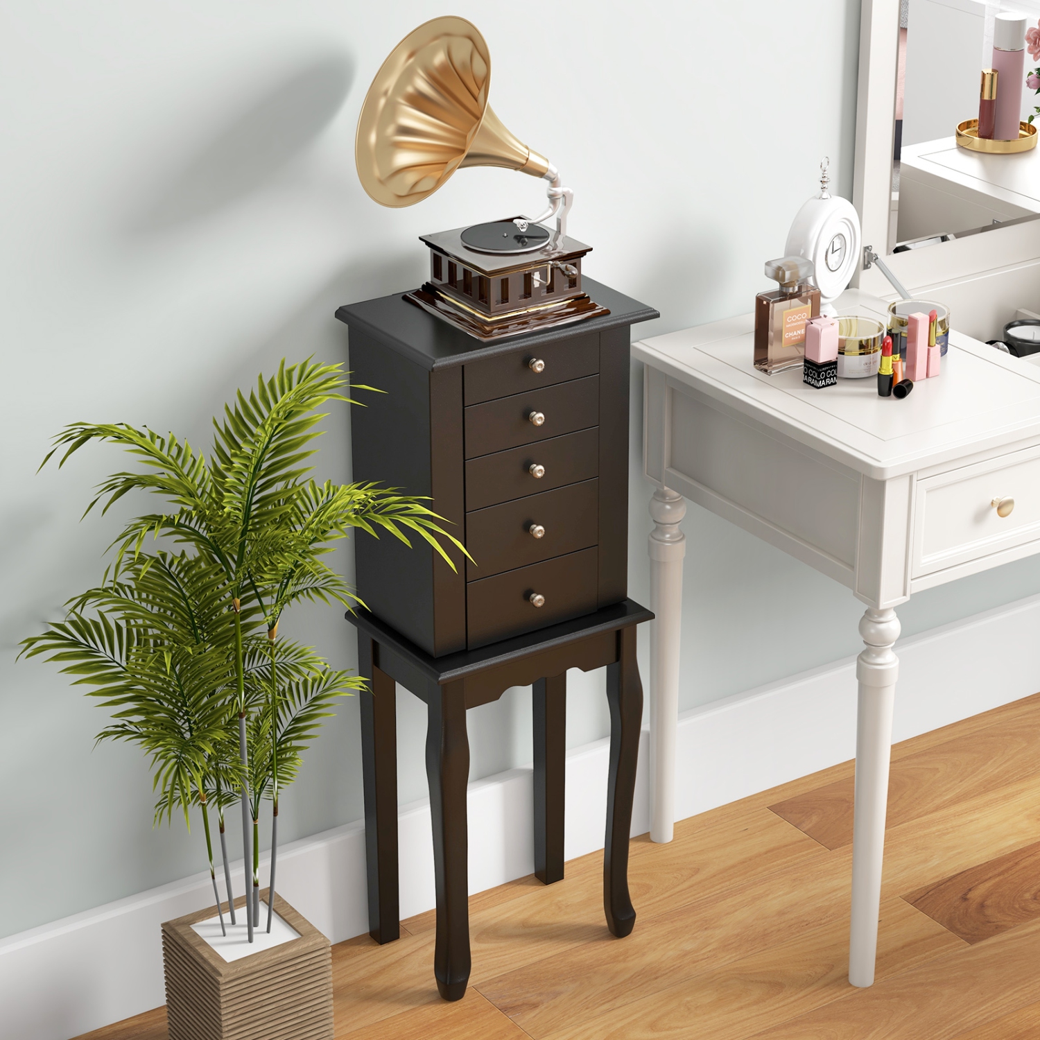 Armoire à bijoux debout avec miroir en 2 couleurs