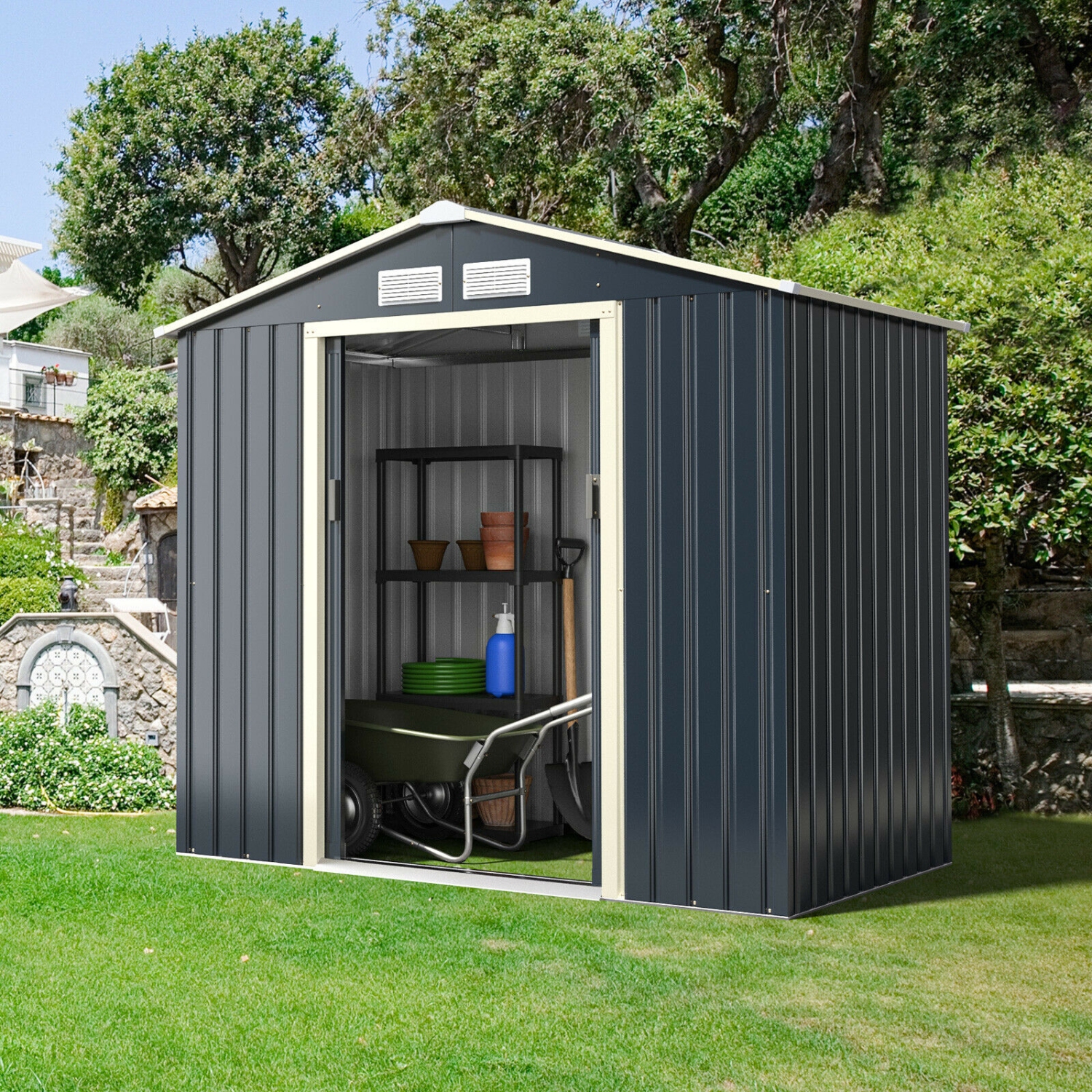 Metal Storage Shed with Sliding Double Lockable Doors for Outdoor Use
