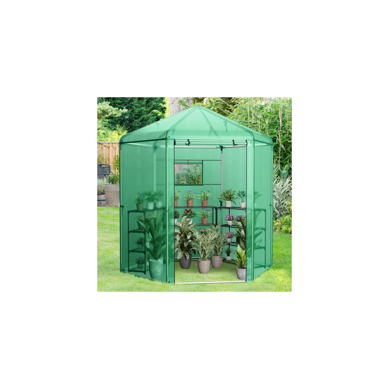 Walk-In Hexagonal Greenhouse with PE Cover and Sturdy Metal Frame