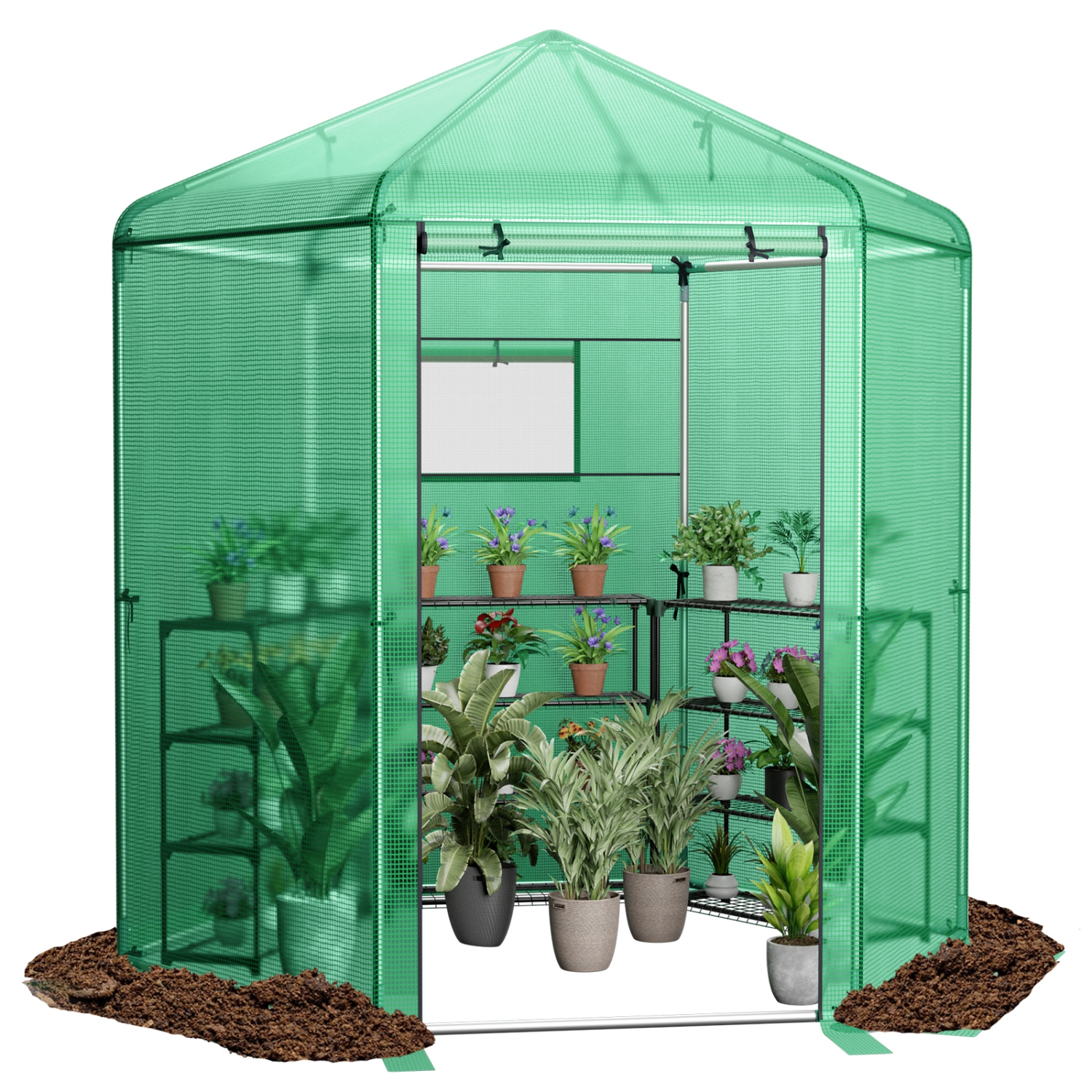 Walk-In Hexagonal Greenhouse with PE Cover and Sturdy Metal Frame