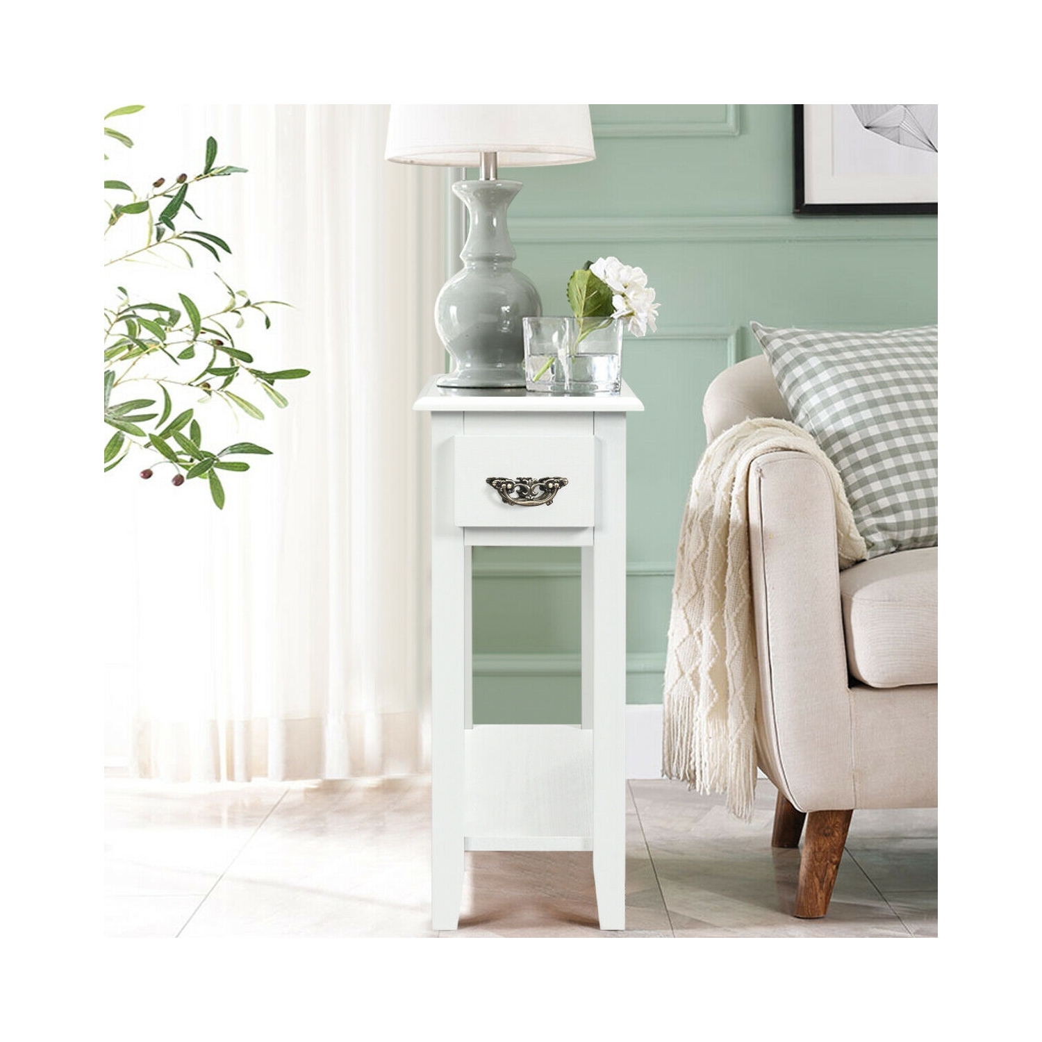 Ensemble de 2 tables de bout à 2 niveaux avec tiroir et tablette ouverte pour chambre à coucher ou canapé