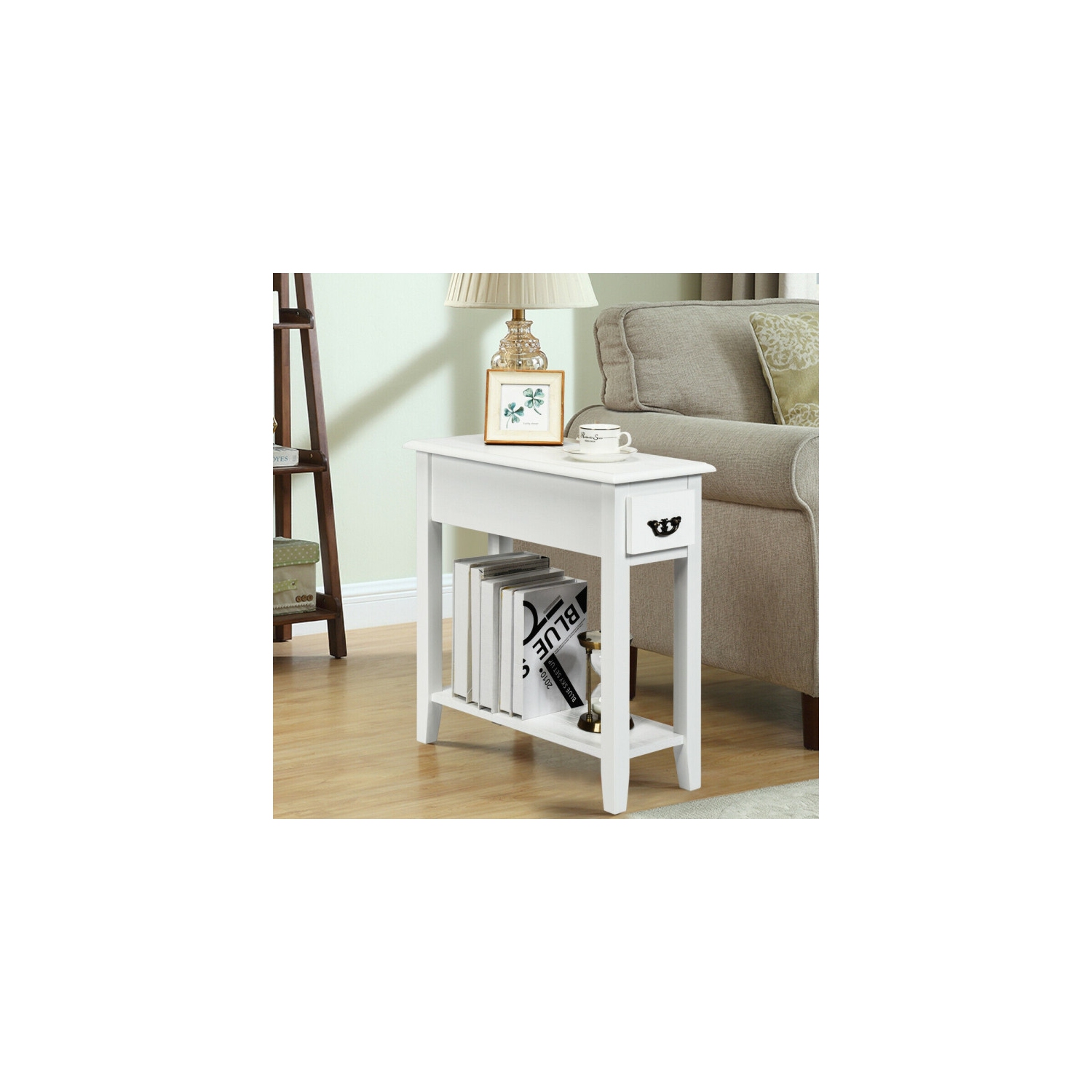 Ensemble de 2 tables de bout à 2 niveaux avec tiroir et tablette ouverte pour chambre à coucher ou canapé