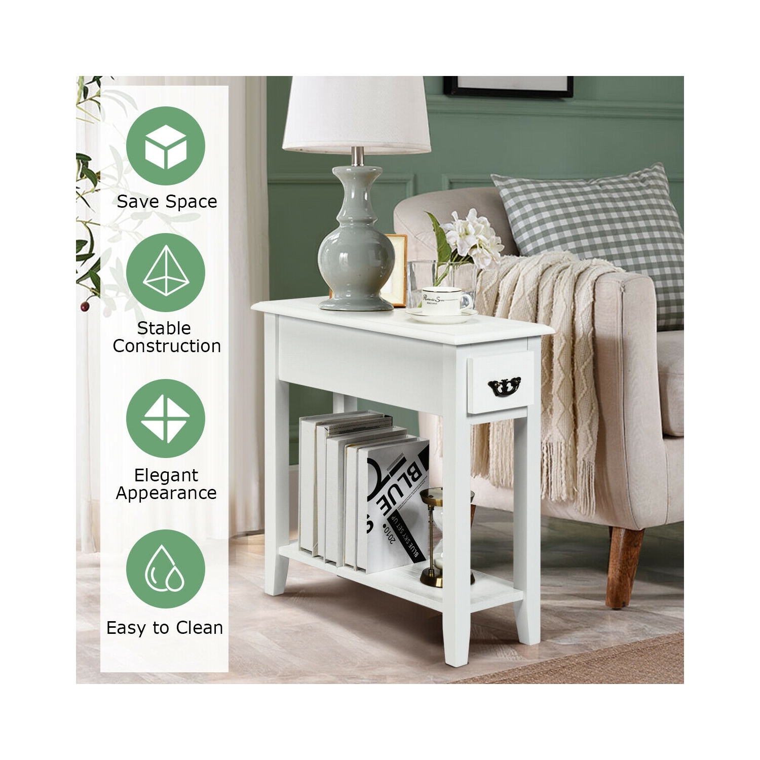 Ensemble de 2 tables de bout à 2 niveaux avec tiroir et tablette ouverte pour chambre à coucher ou canapé