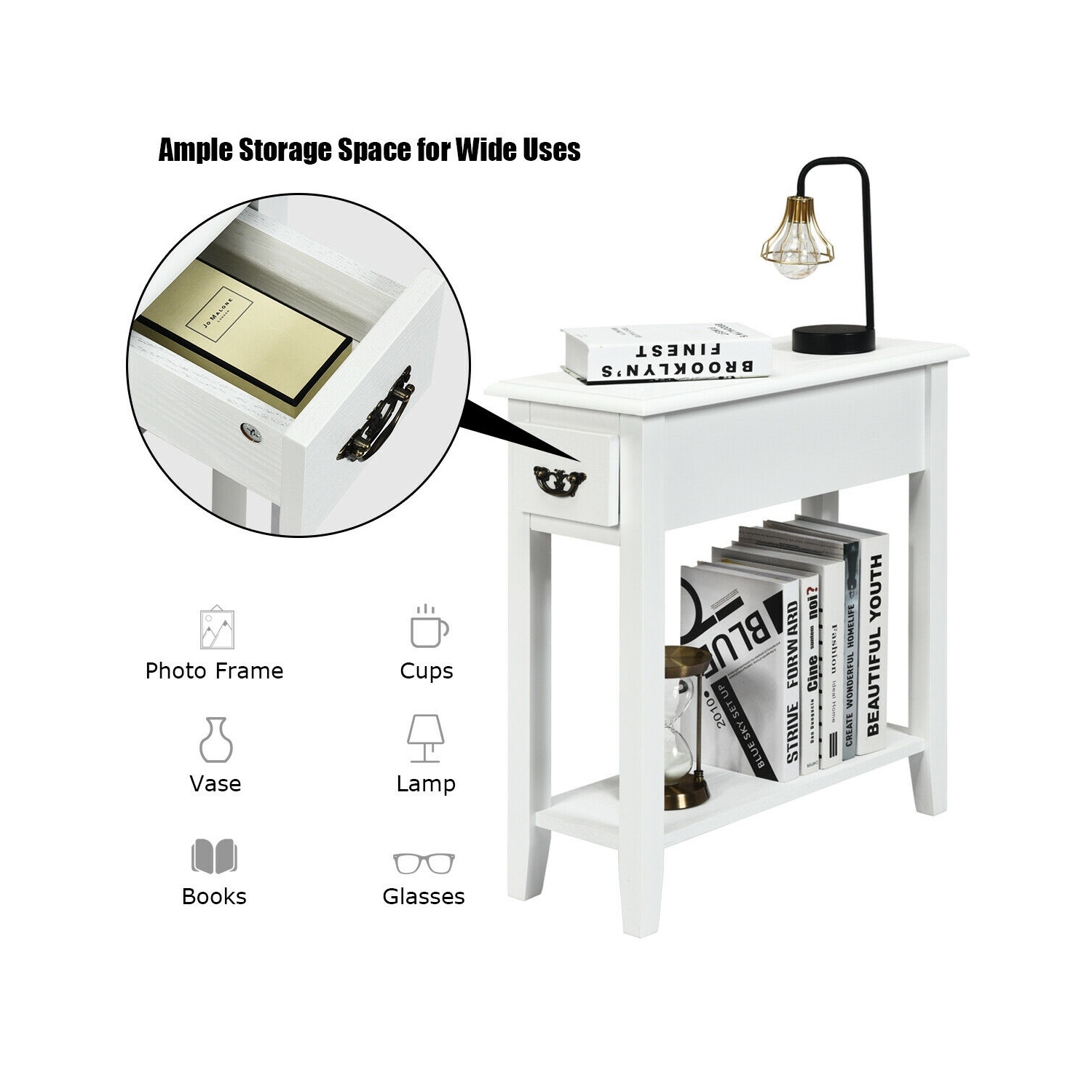 Ensemble de 2 tables de bout à 2 niveaux avec tiroir et tablette ouverte pour chambre à coucher ou canapé