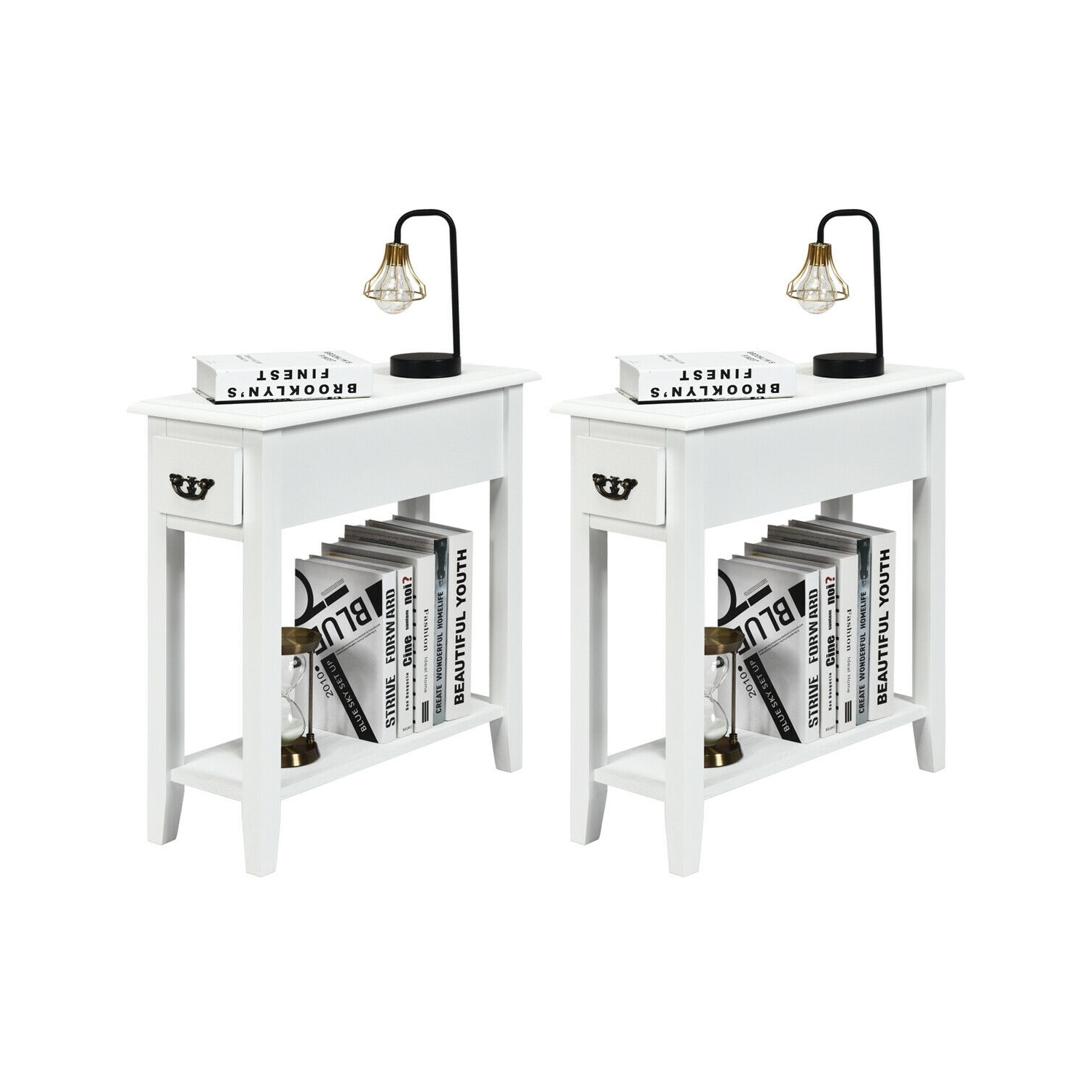 Ensemble de 2 tables de bout à 2 niveaux avec tiroir et tablette ouverte pour chambre à coucher ou canapé