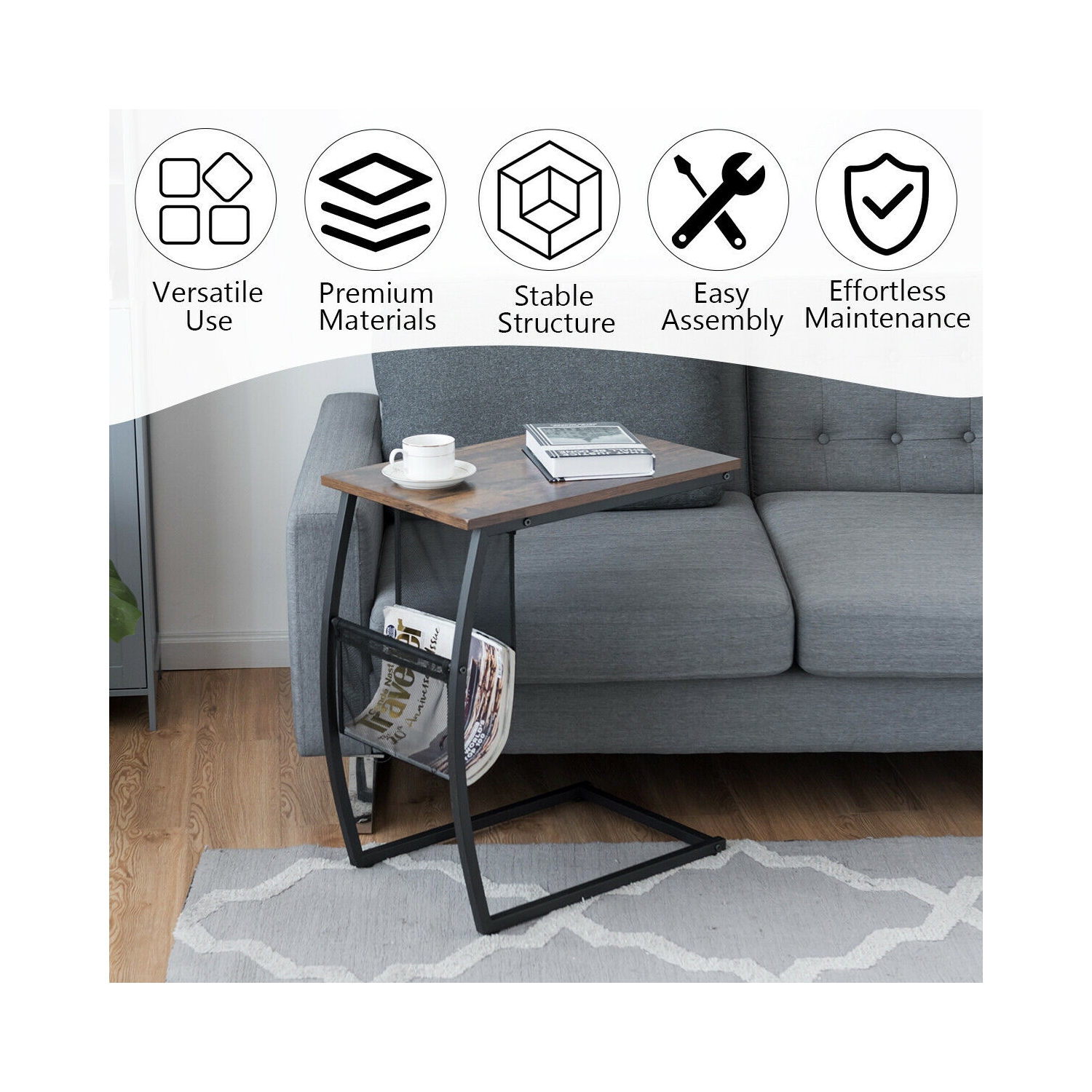 Table de bout rétro en forme de C avec pochette latérale et cadre en métal pour canapé ou lit