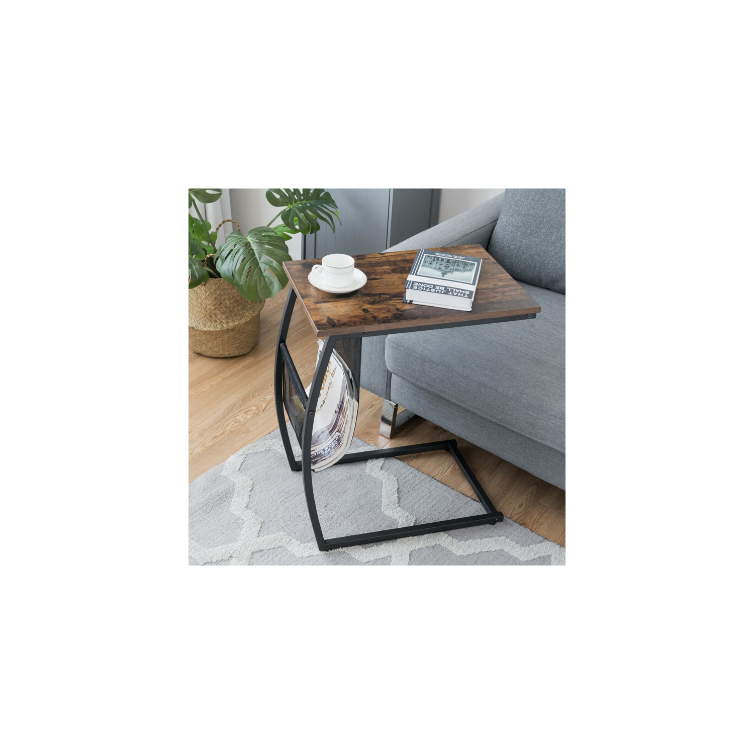 Table de bout rétro en forme de C avec pochette latérale et cadre en métal pour canapé ou lit