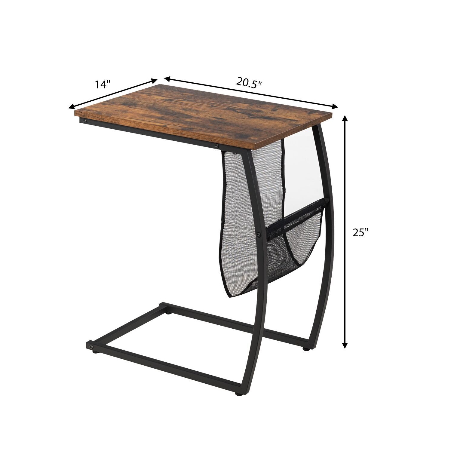 Table de bout rétro en forme de C avec pochette latérale et cadre en métal pour canapé ou lit