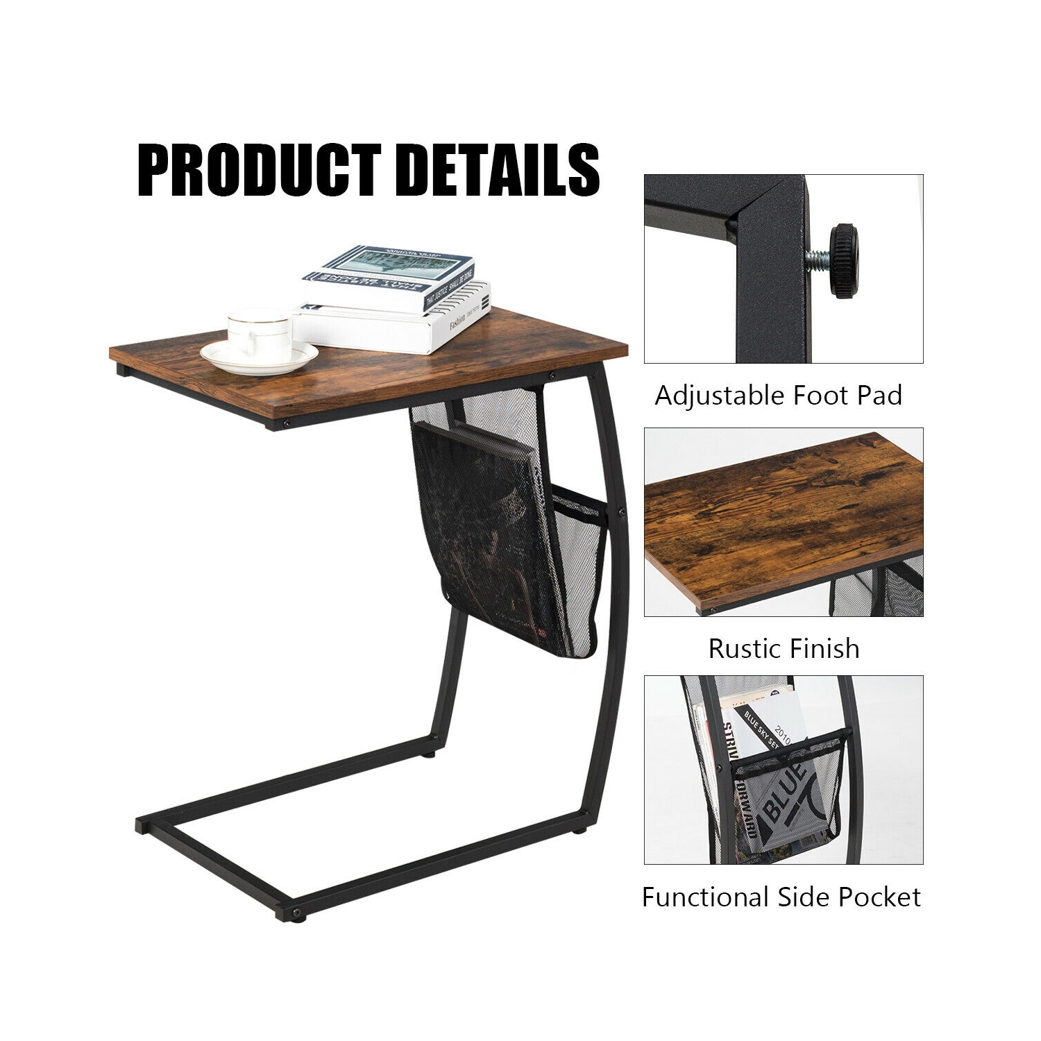 Table de bout rétro en forme de C avec pochette latérale et cadre en métal pour canapé ou lit