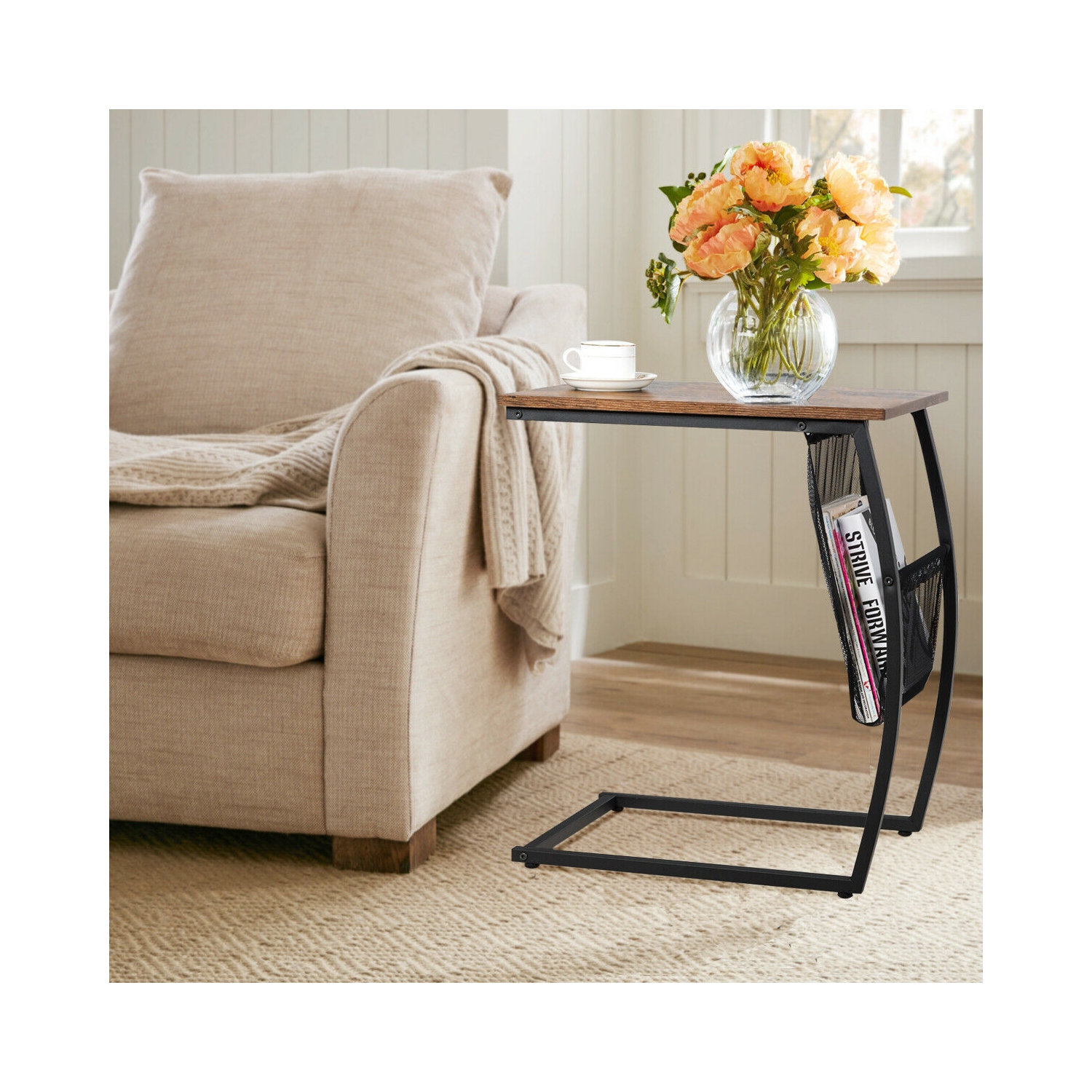 Table de bout rétro en forme de C avec pochette latérale et cadre en métal pour canapé ou lit