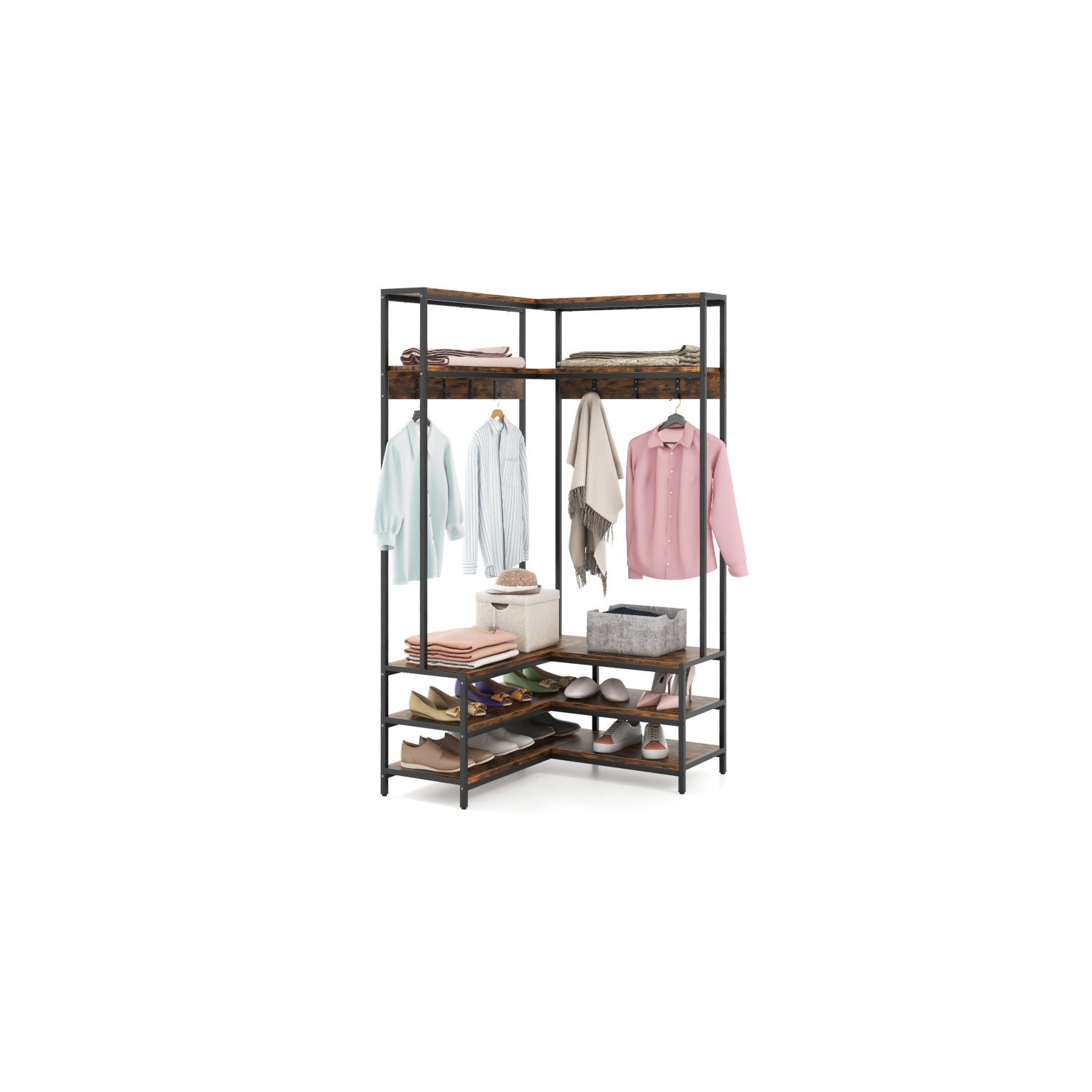 Corner Garment Rack with Shelves, Hooks, and Shoe Storage for Bedroom or Entryway