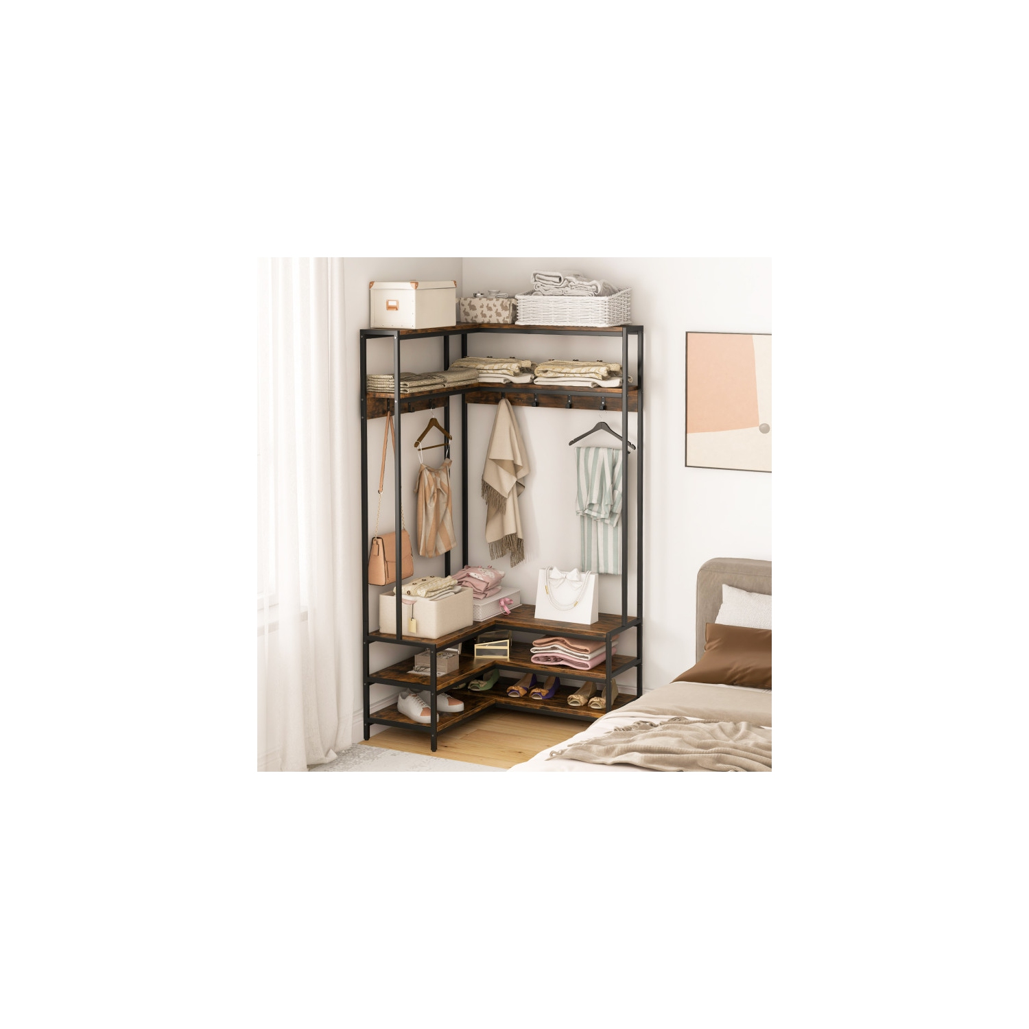 Corner Garment Rack with Shelves, Hooks, and Shoe Storage for Bedroom or Entryway