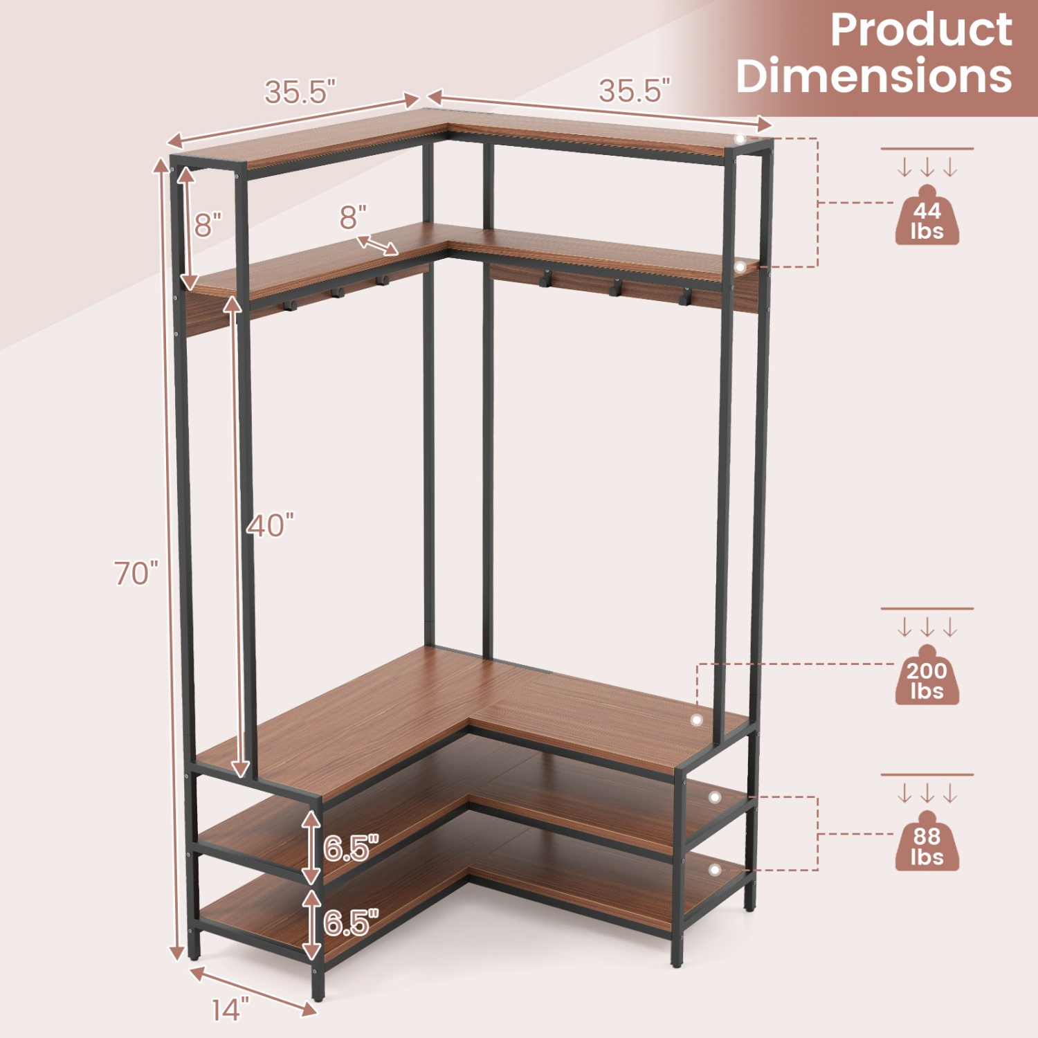 Corner Garment Rack with Shelves, Hooks, and Shoe Storage for Bedroom or Entryway