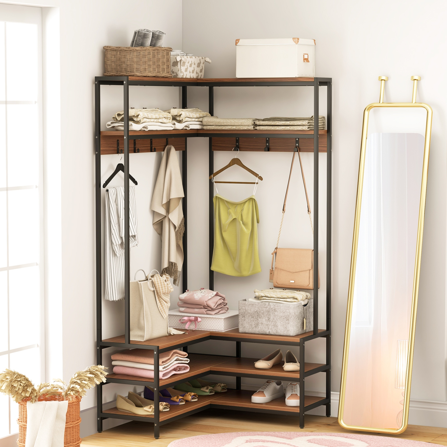Corner Garment Rack with Shelves, Hooks, and Shoe Storage for Bedroom or Entryway