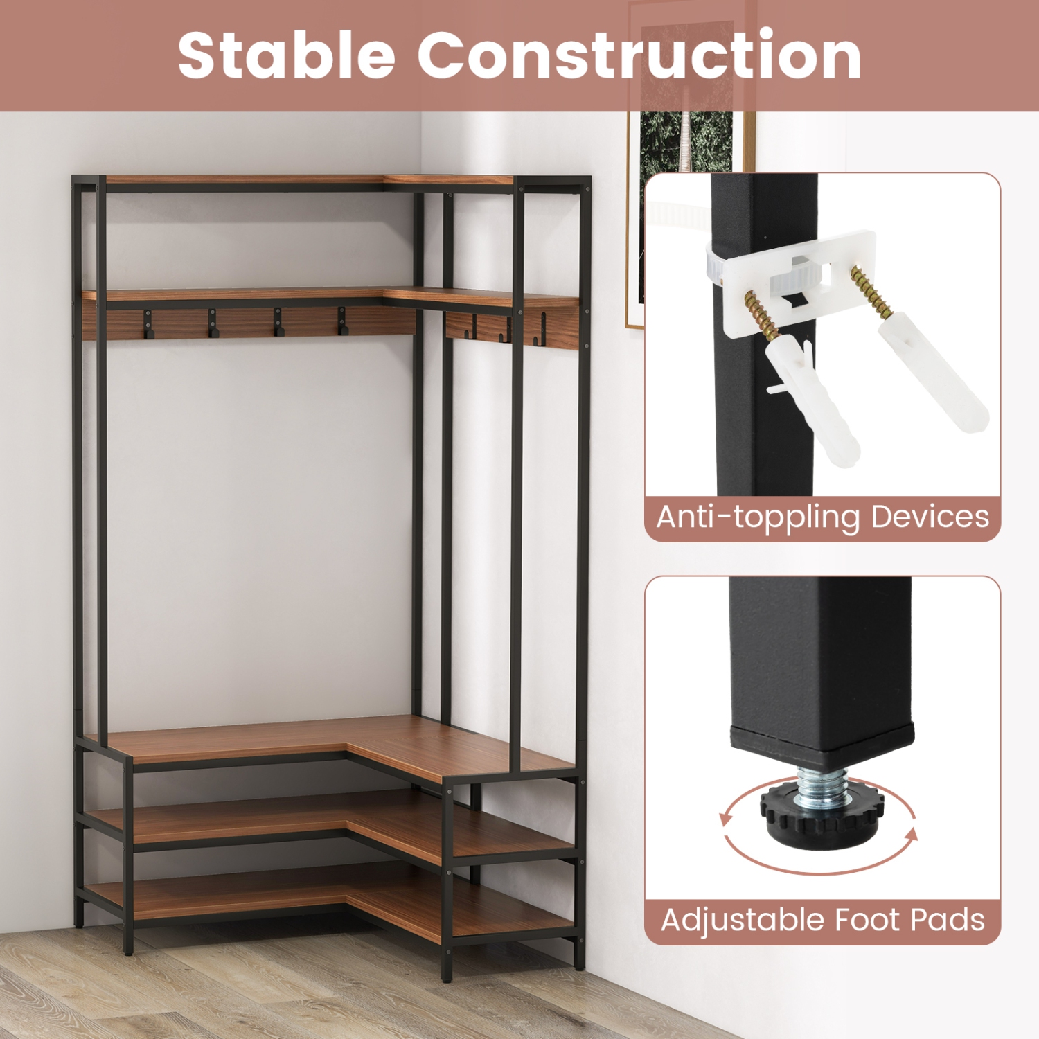 Corner Garment Rack with Shelves, Hooks, and Shoe Storage for Bedroom or Entryway