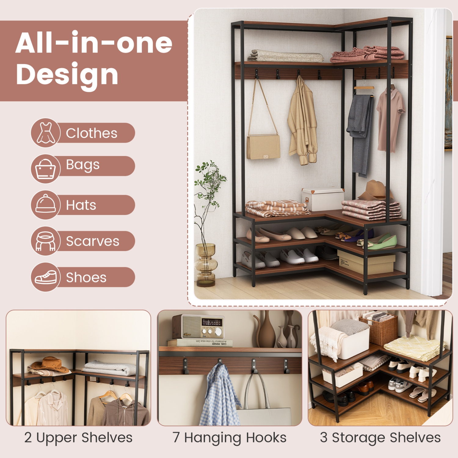 Corner Garment Rack with Shelves, Hooks, and Shoe Storage for Bedroom or Entryway