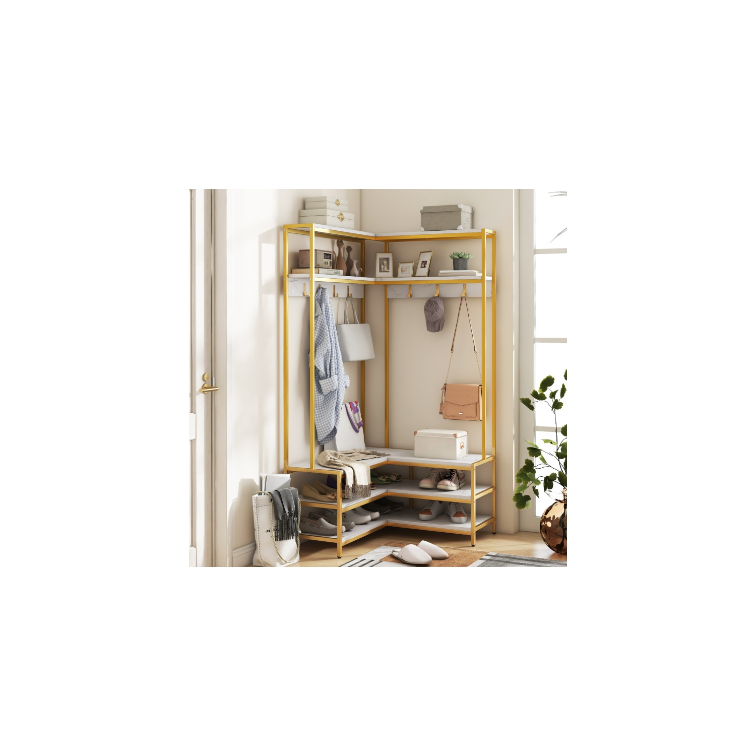 Support à vêtements en coin avec tablettes, crochets et rangement à chaussures pour la chambre ou l'entrée