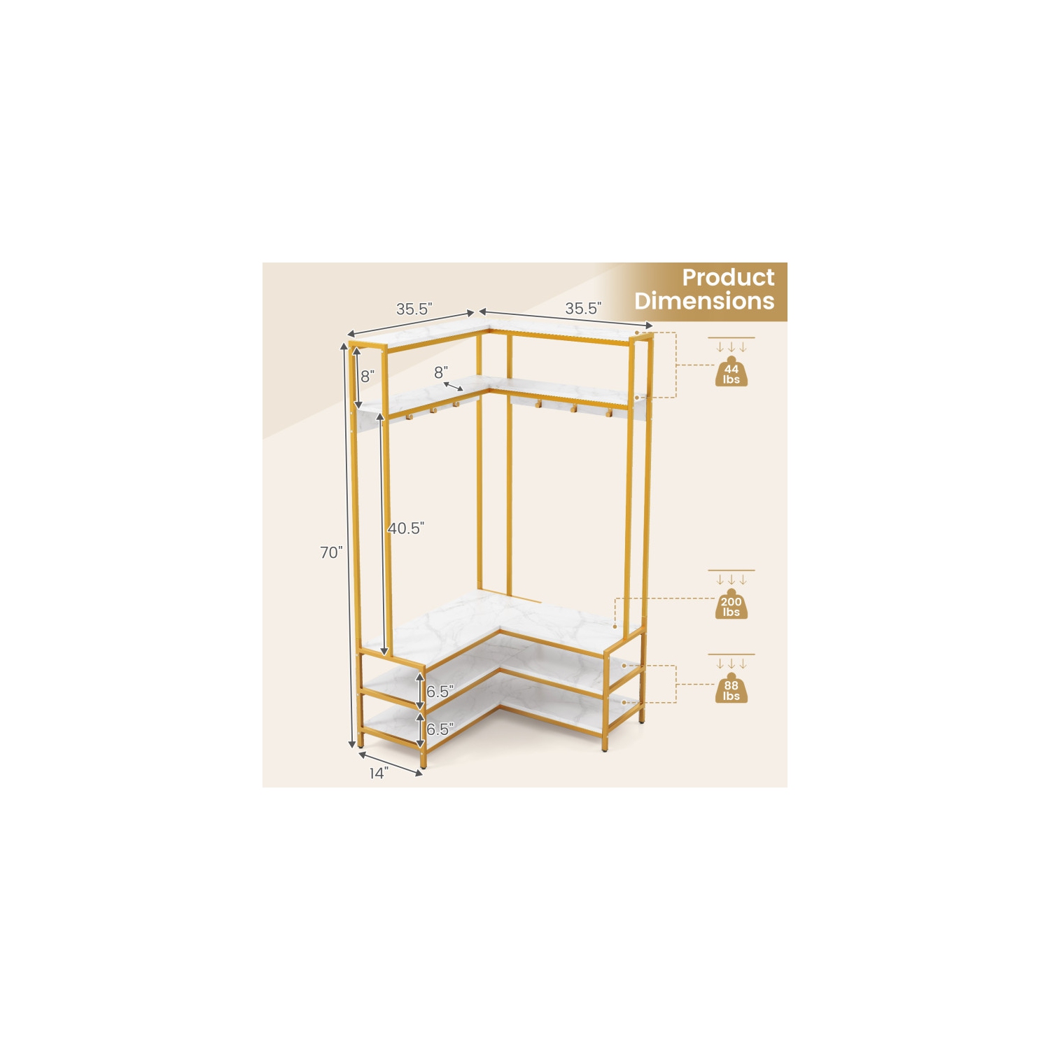 Support à vêtements en coin avec tablettes, crochets et rangement à chaussures pour la chambre ou l'entrée