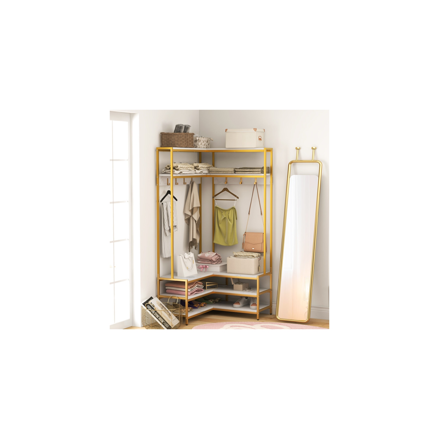 Support à vêtements en coin avec tablettes, crochets et rangement à chaussures pour la chambre ou l'entrée