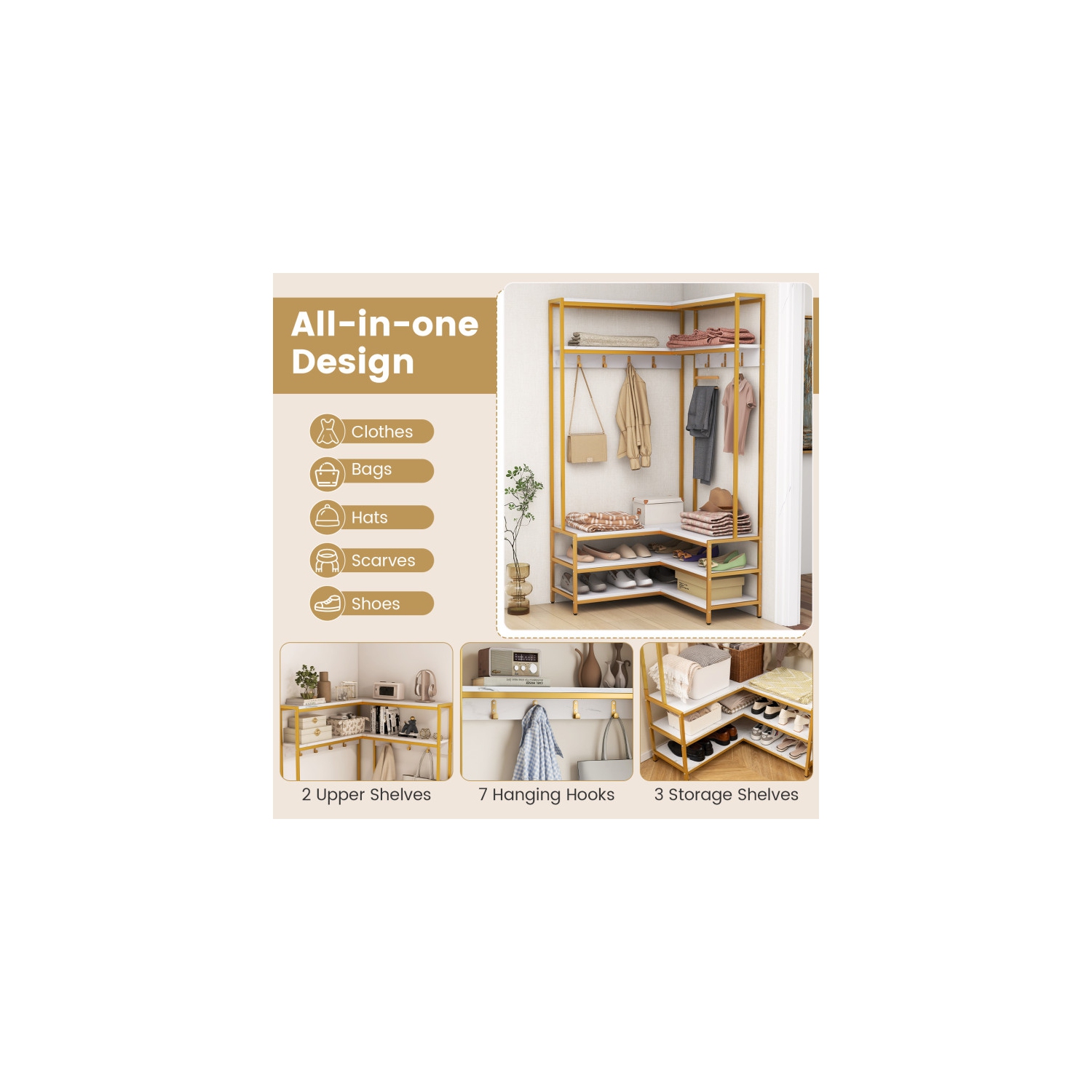 Support à vêtements en coin avec tablettes, crochets et rangement à chaussures pour la chambre ou l'entrée