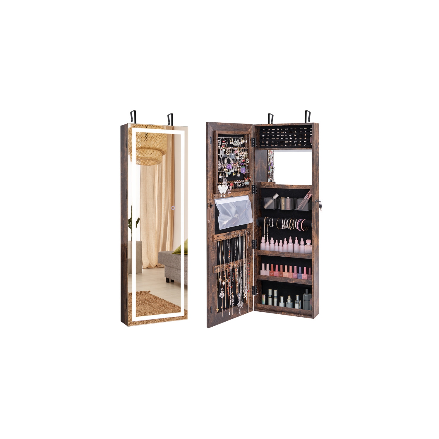 Armoire à bijoux miroir avec miroir pleine longueur et lumières LED