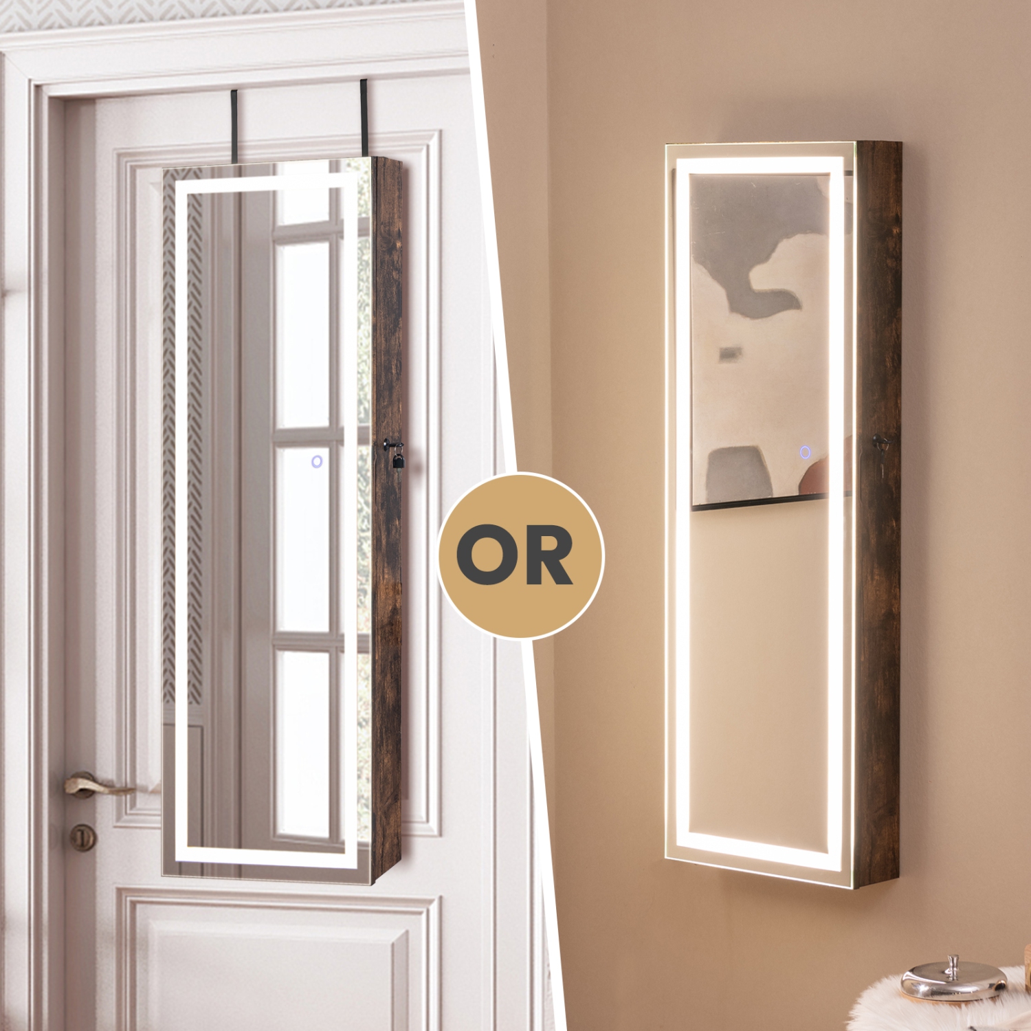 Armoire à bijoux miroir avec miroir pleine longueur et lumières LED