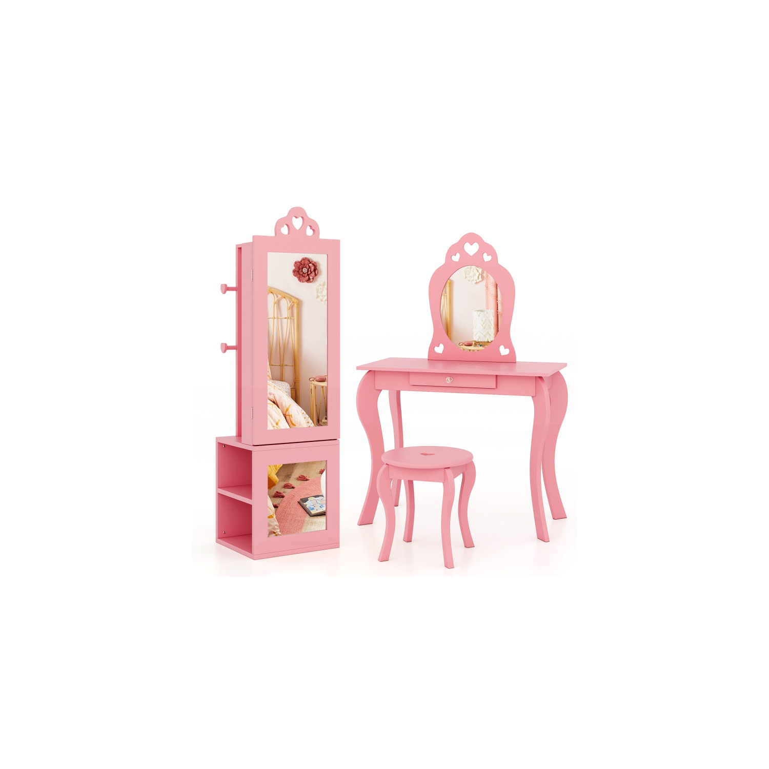 Armoire à bijoux autonome 3-en-1 pour enfants avec miroir pleine longueur