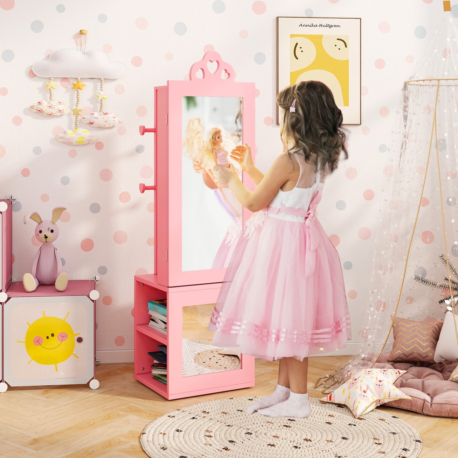 Armoire à bijoux autonome 3-en-1 pour enfants avec miroir pleine longueur