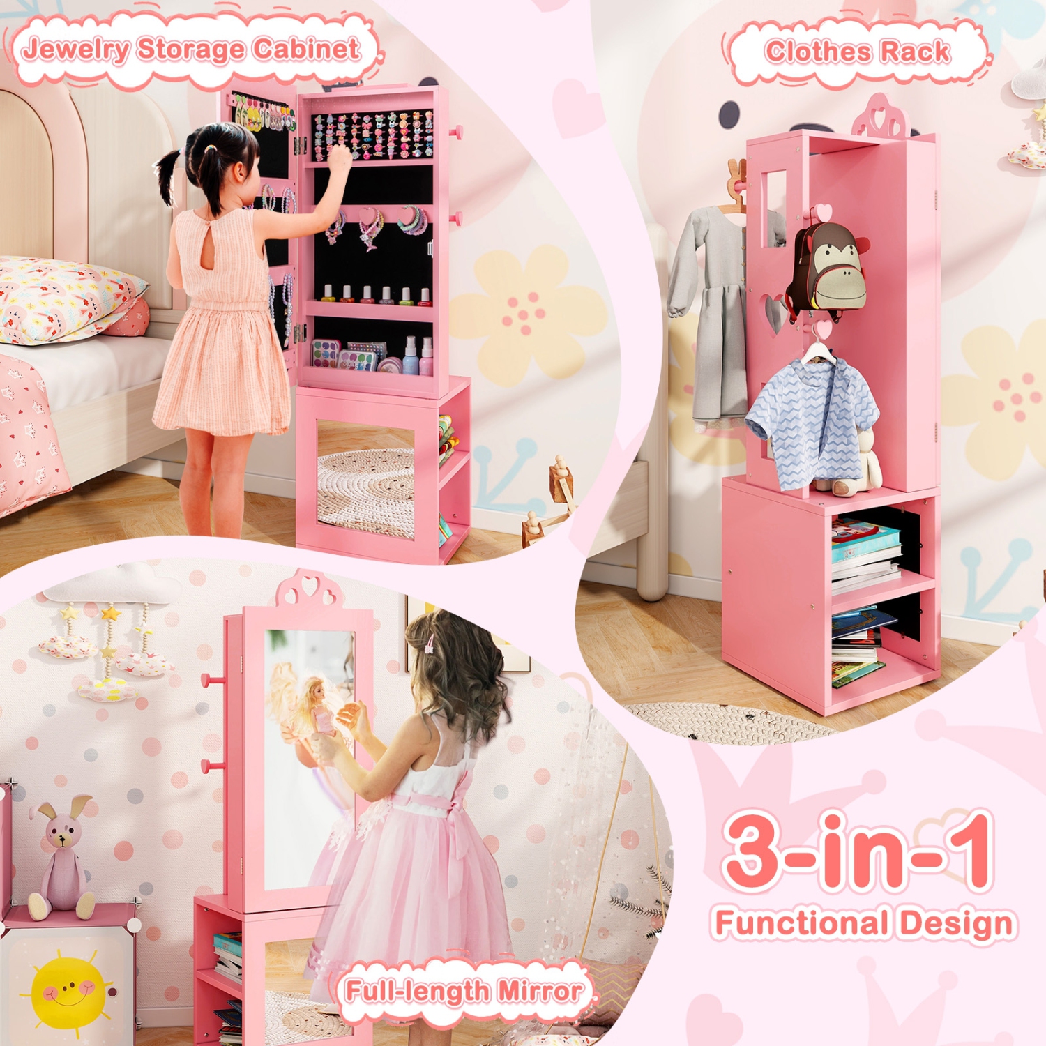 Armoire à bijoux autonome 3-en-1 pour enfants avec miroir pleine longueur