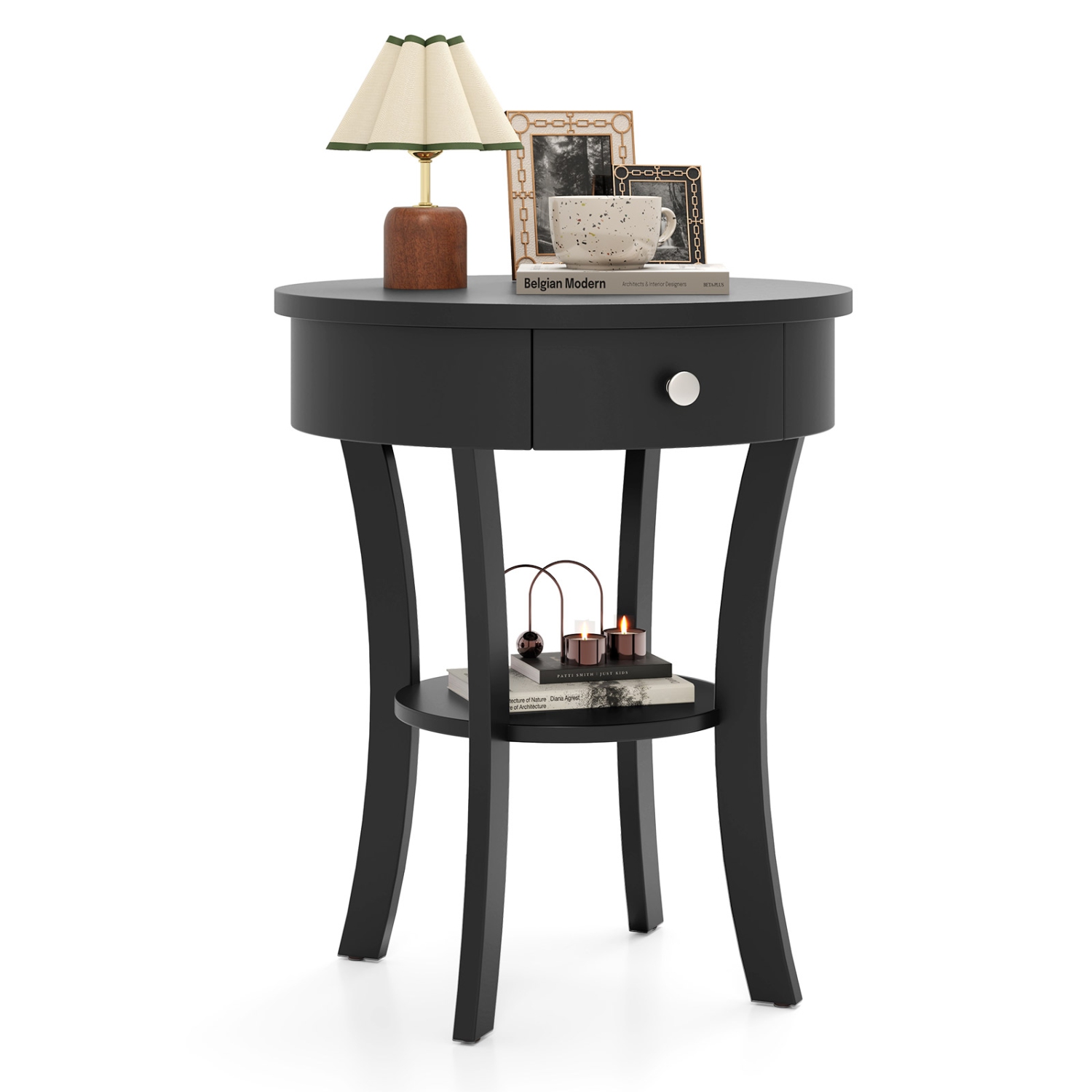 2-Tier Wood Round End Table with Open Drawer for Living Room or Bedroom