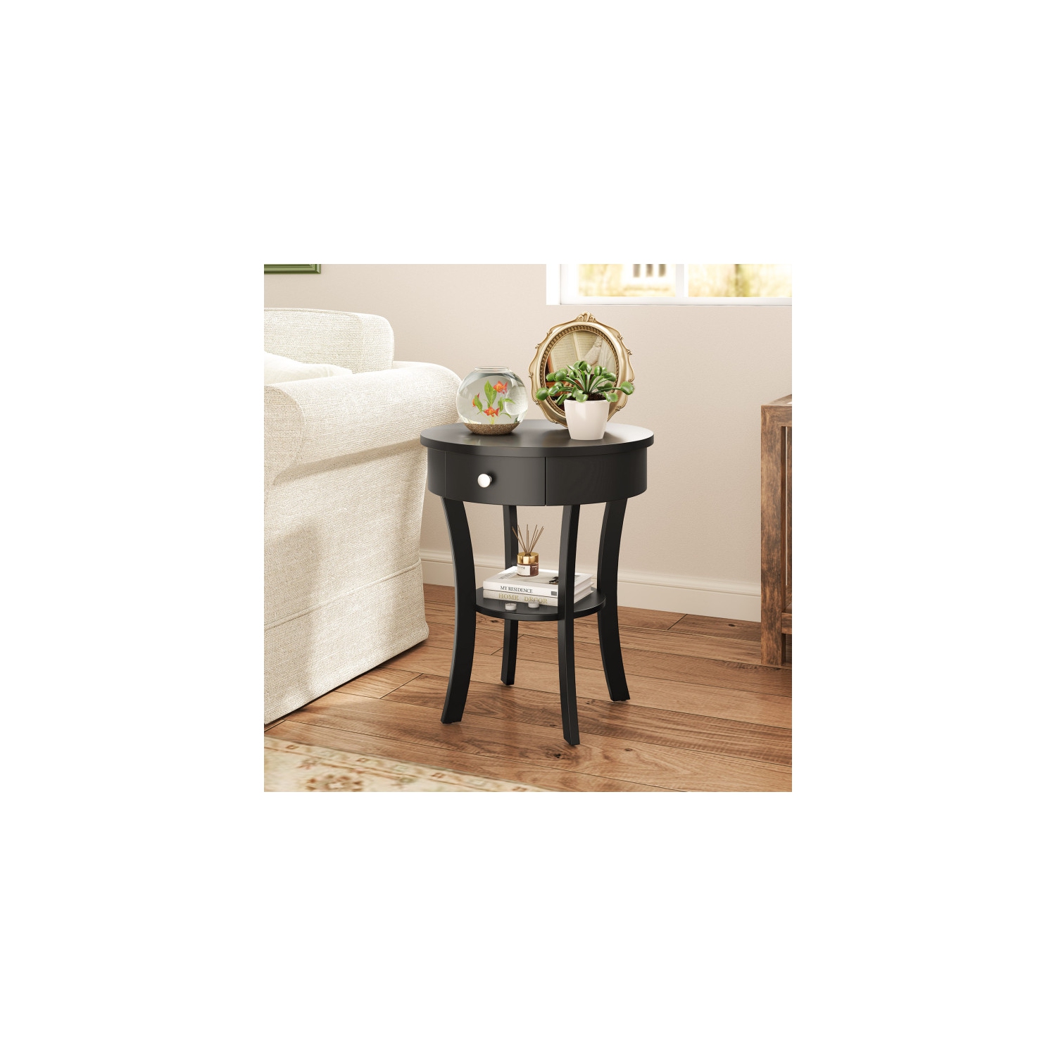 2-Tier Wood Round End Table with Open Drawer for Living Room or Bedroom