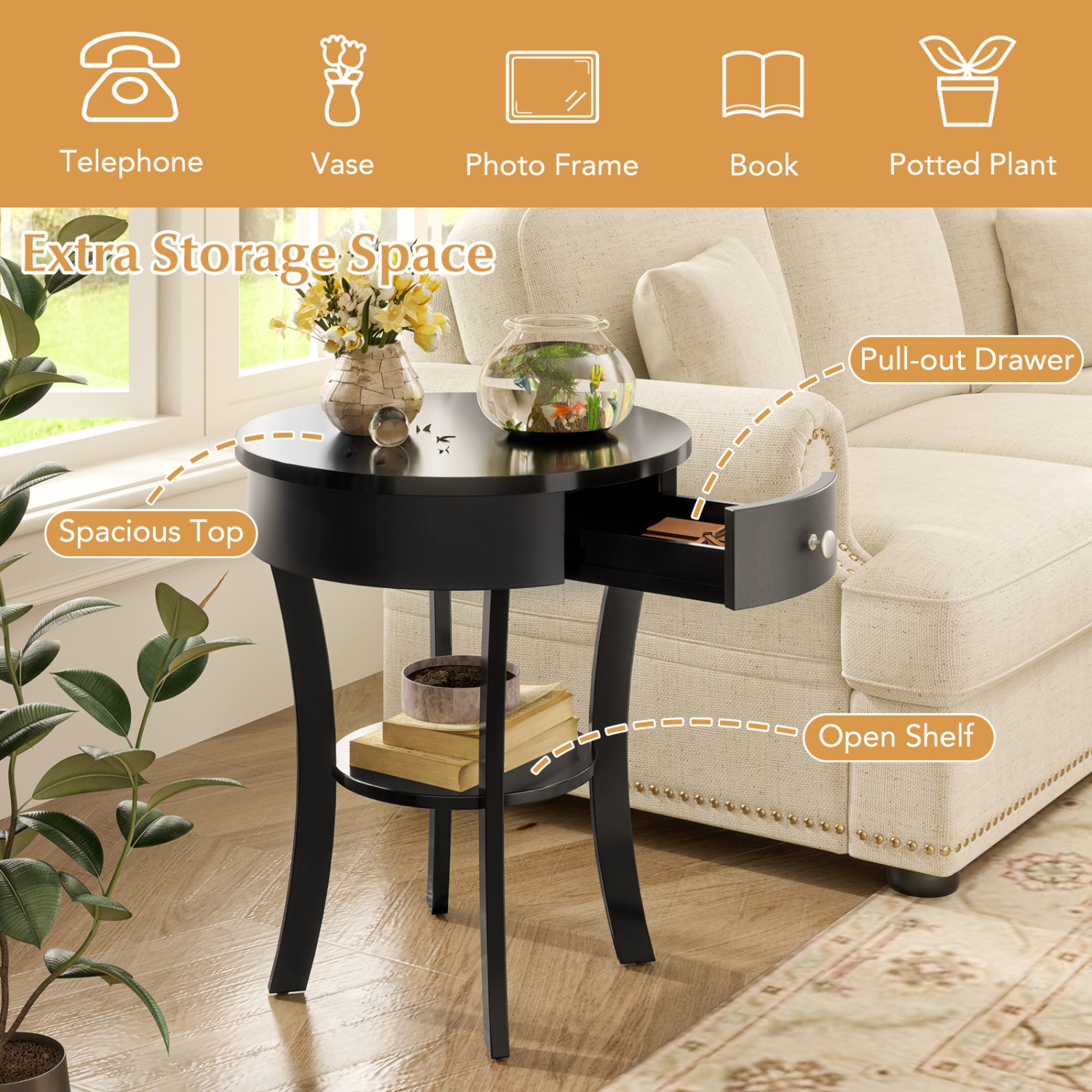 2-Tier Wood Round End Table with Open Drawer for Living Room or Bedroom