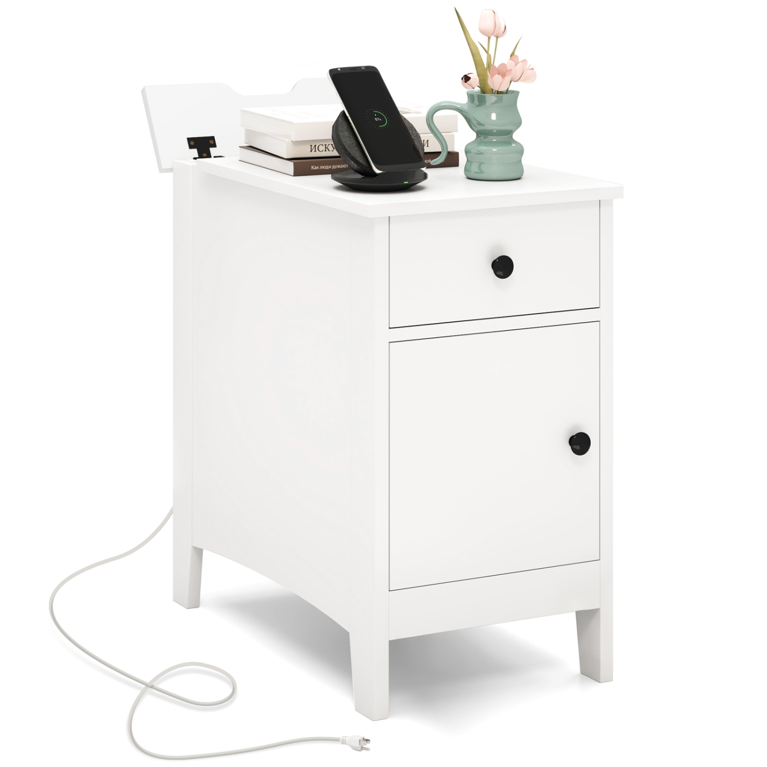Flip-Top End Table with USB Charging Ports, Outlets, and Storage Drawer