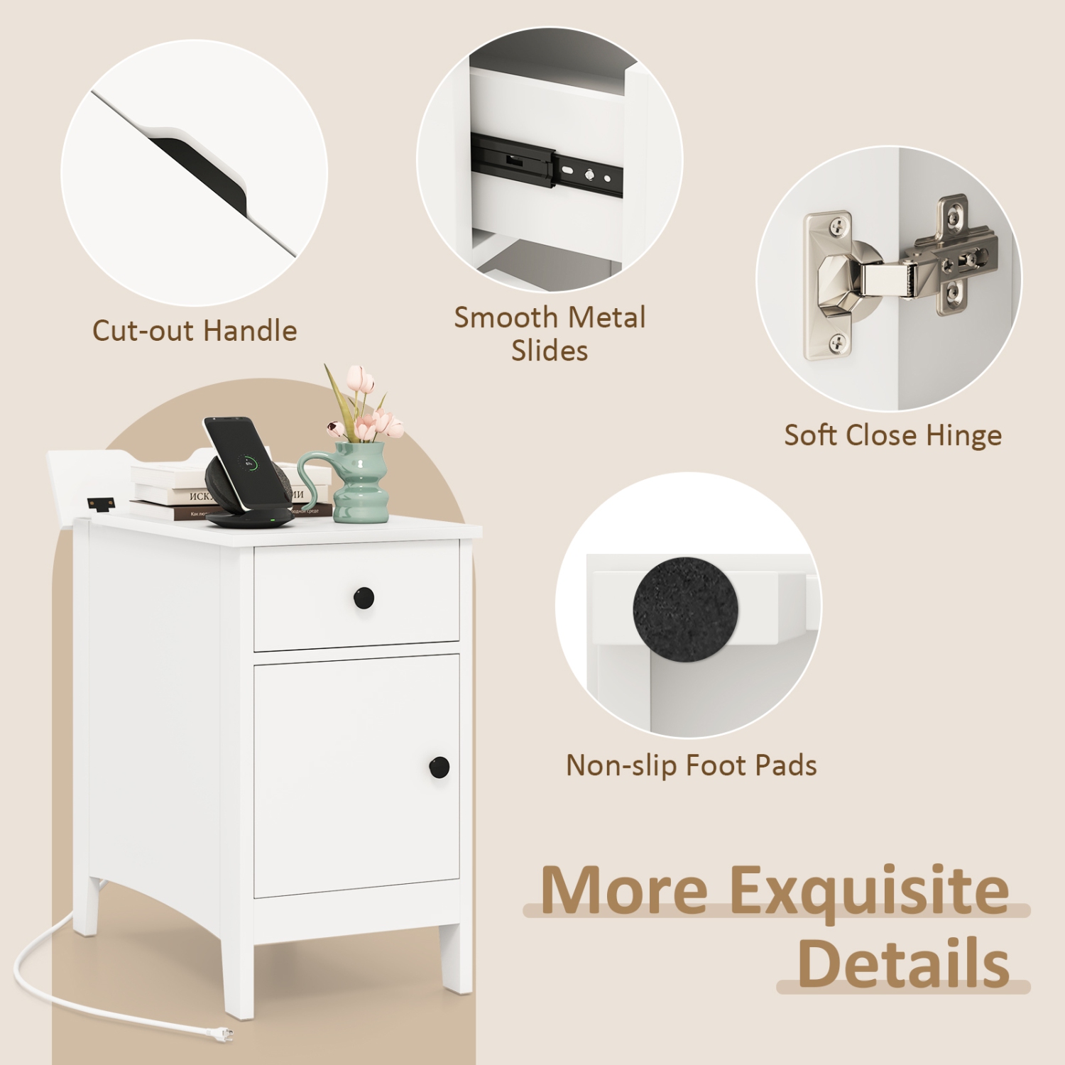 Flip-Top End Table with USB Charging Ports, Outlets, and Storage Drawer