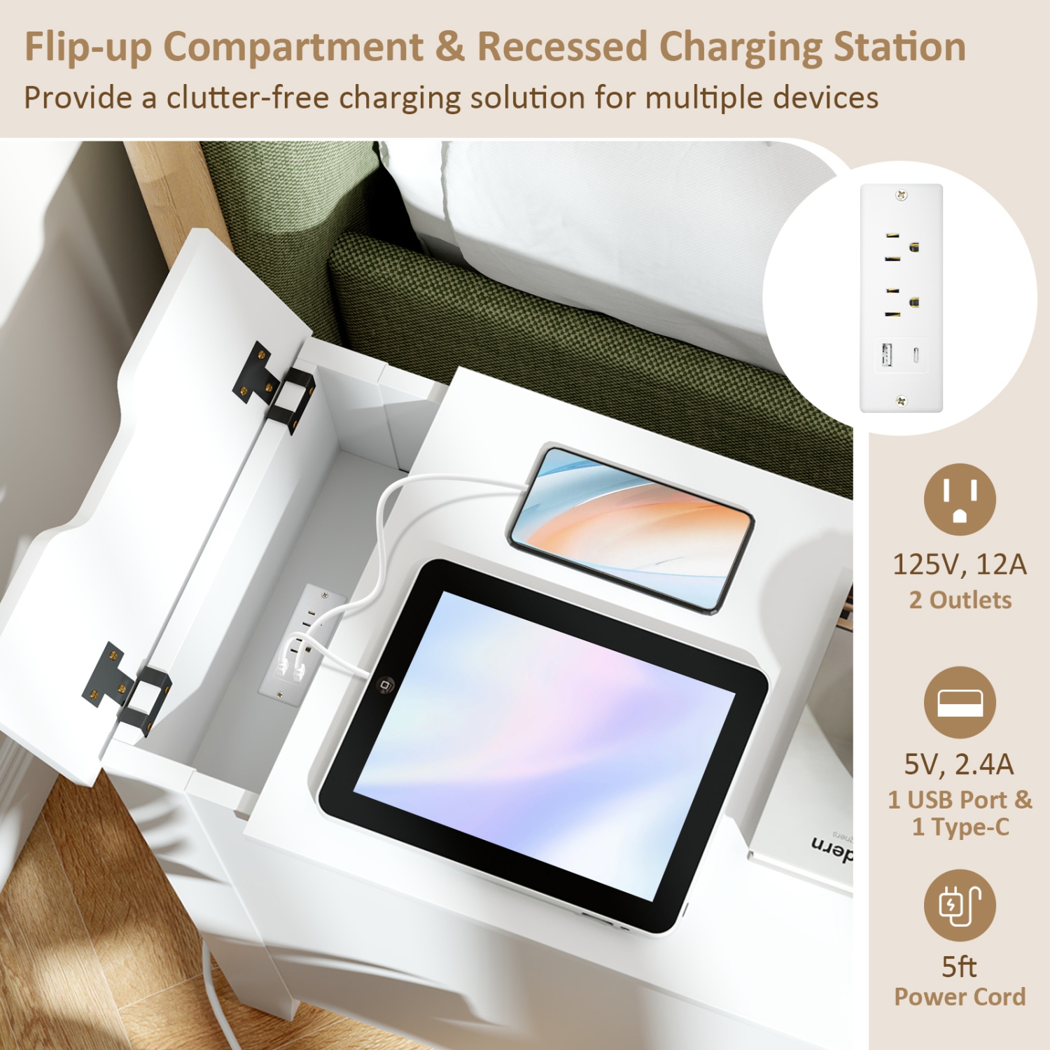 Flip-Top End Table with USB Charging Ports, Outlets, and Storage Drawer