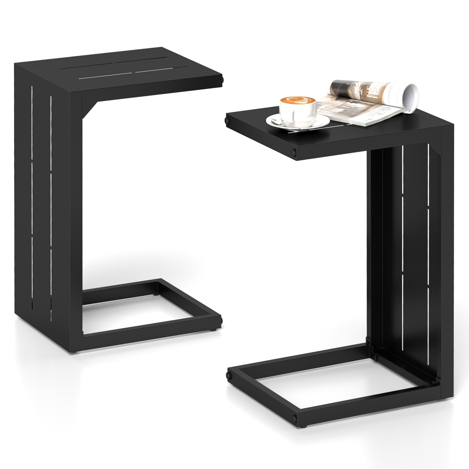 Ensemble de 2 tables de bout en C avec repose-pieds réglables pour une utilisation à l'intérieur ou à l'extérieur