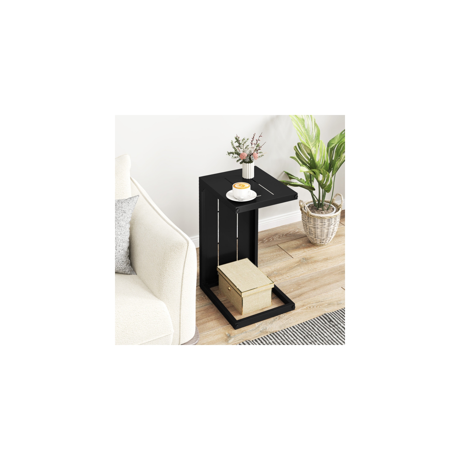 Ensemble de 2 tables de bout en C avec repose-pieds réglables pour une utilisation à l'intérieur ou à l'extérieur