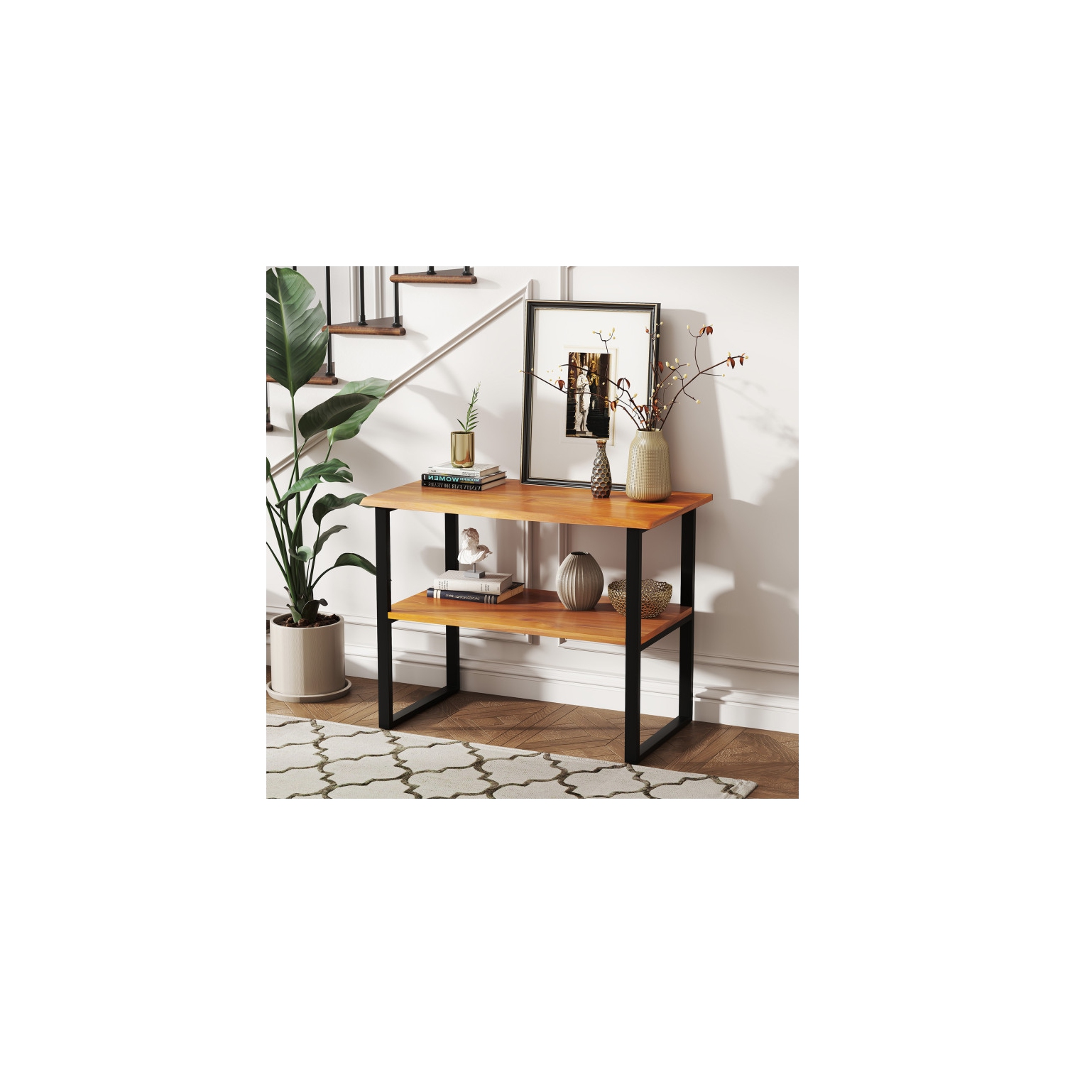 Table d'extrémité compacte à 2 niveaux en teck pour le salon, le couloir ou la buanderie