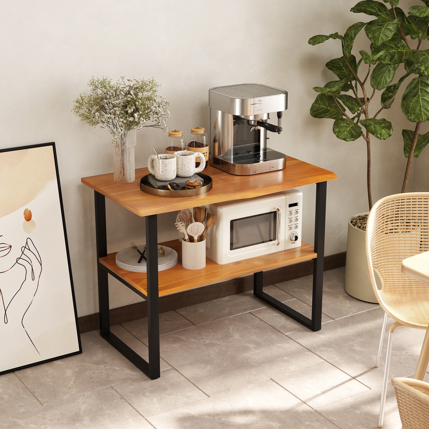 Table d'extrémité compacte à 2 niveaux en teck pour le salon, le couloir ou la buanderie